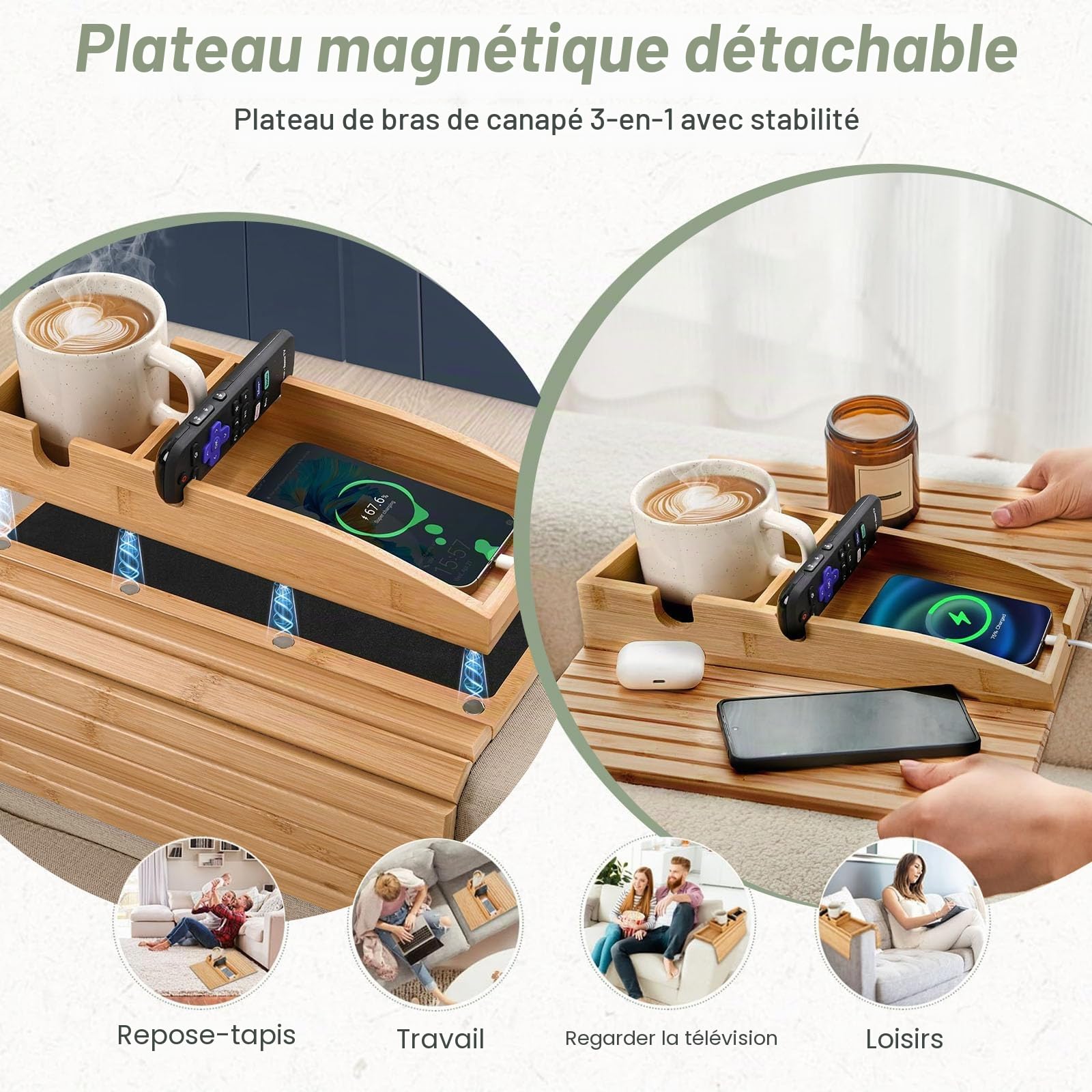 MARUKO Plateau Accoudoir Canapé, 3-en-1 Porte-Gobelet Magnétique Détachable en Bambou, Tablette Accoudoir Canapé avec Coussin Antidérapant, Table D'accoudoir de Canapé (Couleur Naturelle)