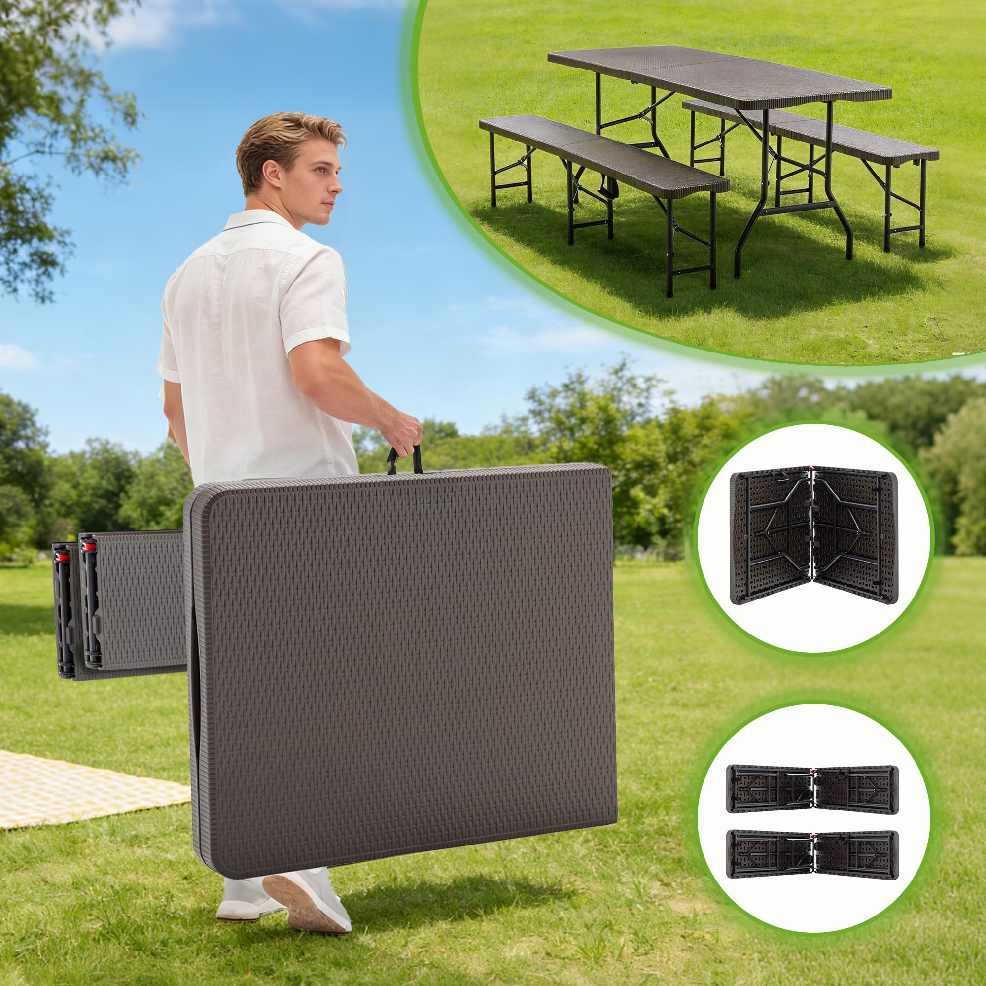 Bierzeltgarnitur Klappbar 180cm, Biertischgarnitur mit 2 Bierbank, Biergartengarnitur, Gartenmöbel Set, Balkontisch, Stabil, Wetterfest Campingtisch (Braun)
