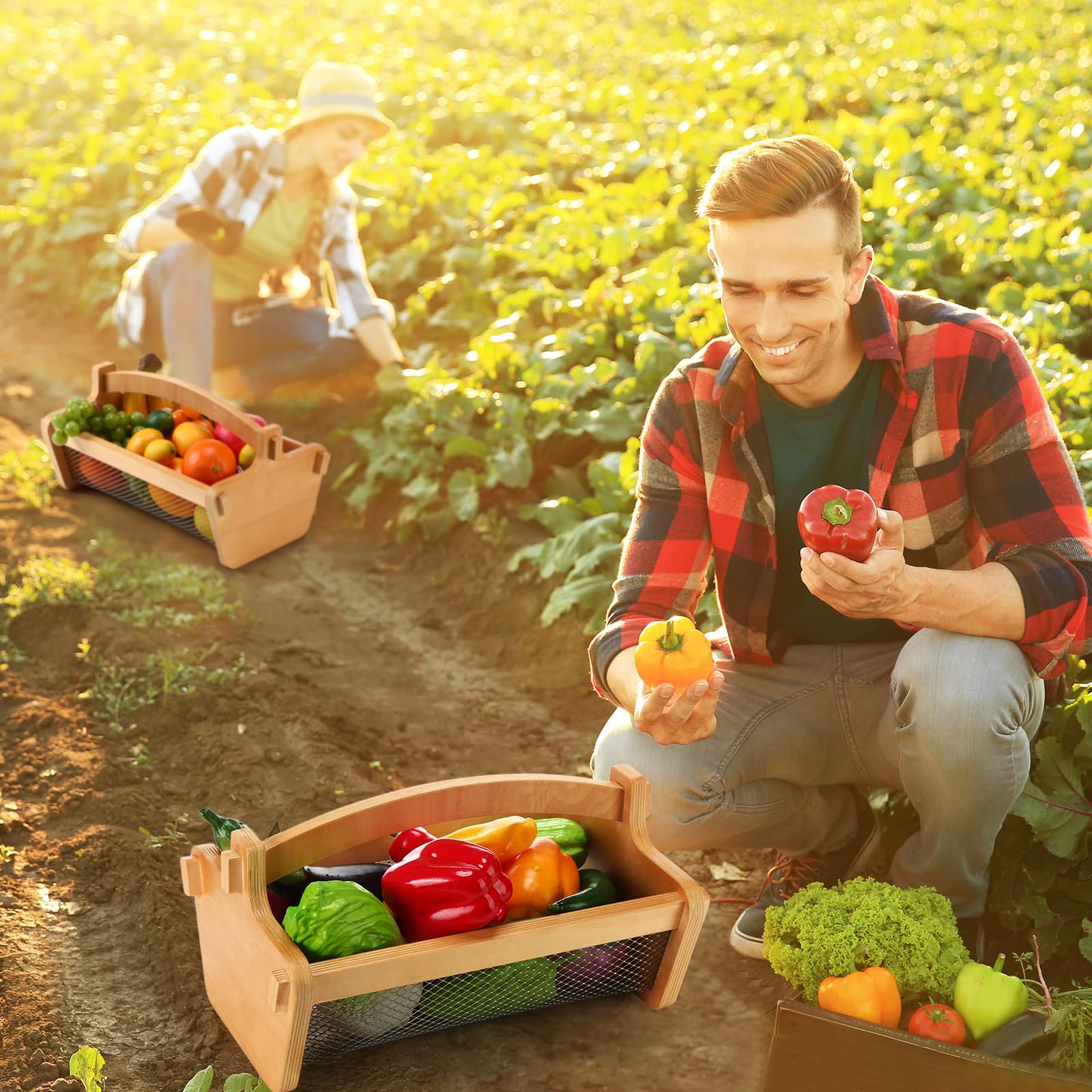 Teenyyou Garten-Erntekorb, Netz-Aufbewahrung mit Griff, vielseitiger Gartenarbeit, Obst, Gemüse, Sammelkorb, Gartenbedarf, Gärtner, Geschenk für Landwirte, Waschen (Holzfarbe, 34 cm)