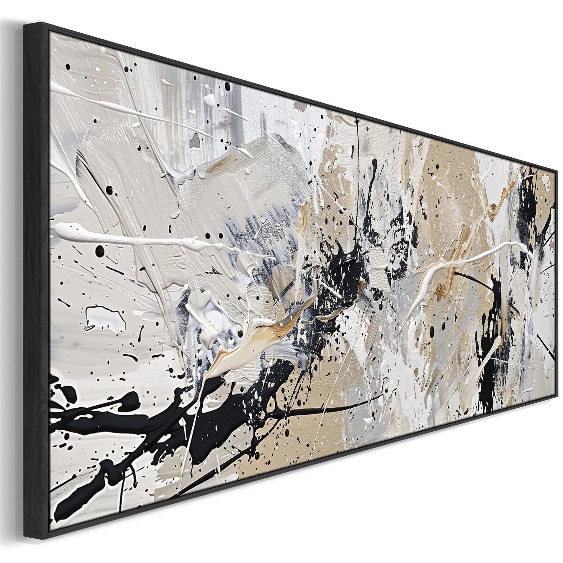 Wallfillers Neutral Black Jackson Pollock Style Wide Artwork Framed Horizontal Illusion (143 X 52Cm)