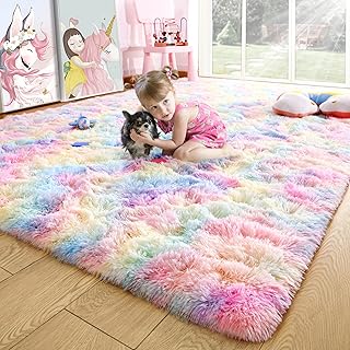 Noahas Fluffy Rainbow Rug for Girls Bedroom, 4 x 6 Feet Pink Rugs for Bedroom Girls,Kids Room Rug,Fuzzy Rainbow Carpet Bedroom Rug,Playroom Shag Rug,Nursery Rugs,Room Decor for Teen Girls