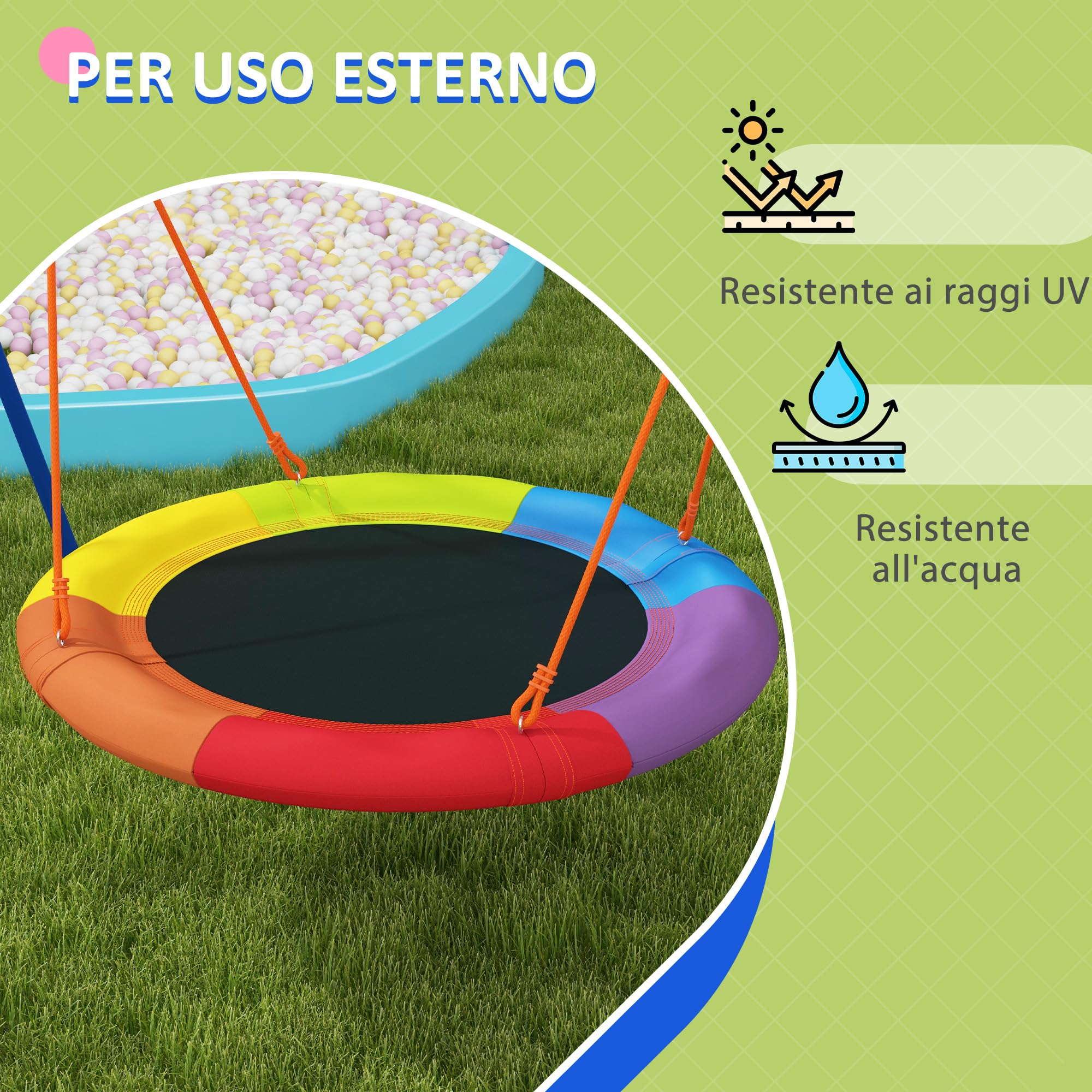 Outsunny Altalena da Giardino per Bambini, Altalena a Nido per 1-2 Bambini con Struttura ad A in Metallo Rinforzato, 196x172x180cm, Multicolore