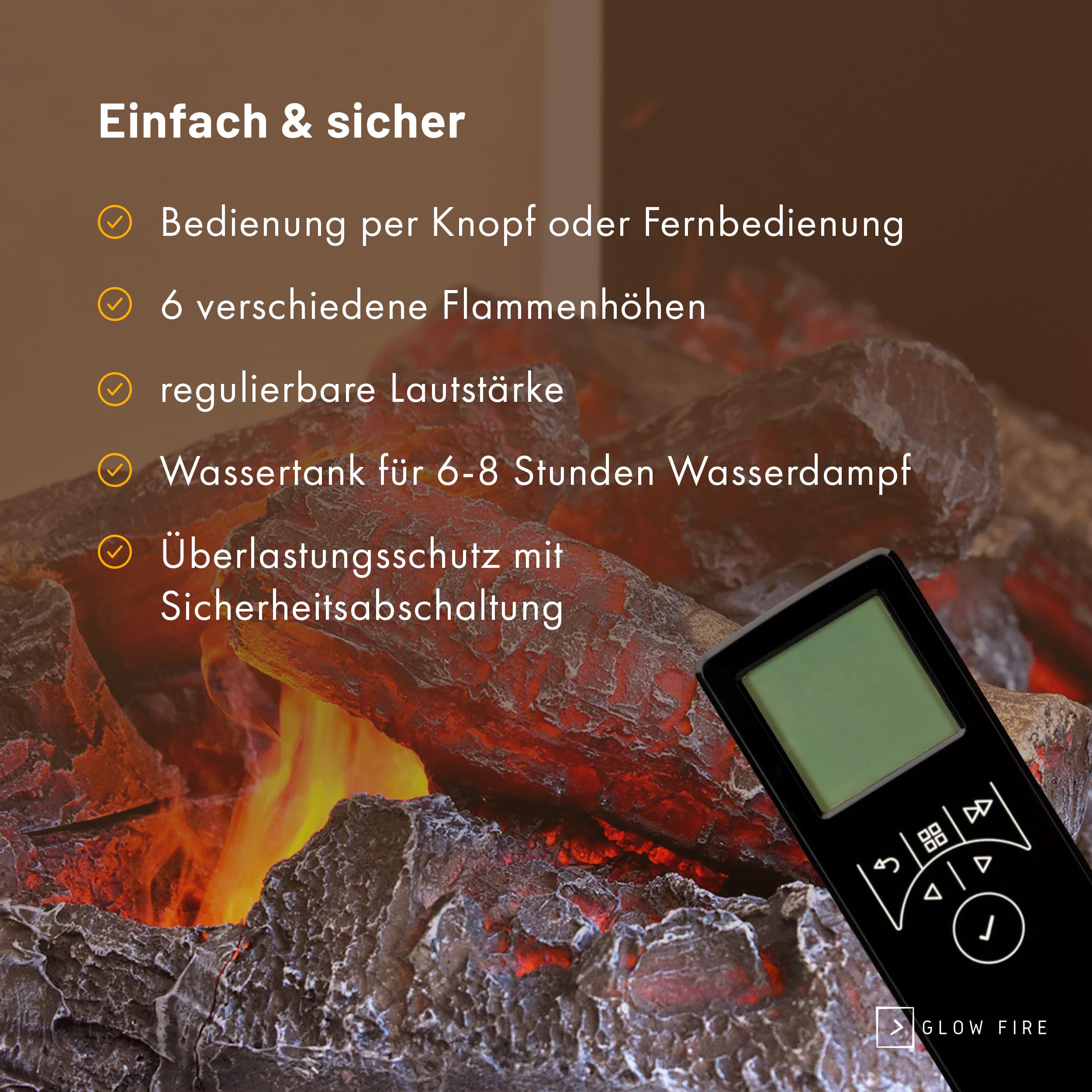 GLOW FIRE Wasserdampf Kamin PLANCK Links (Standkamin) - Elektrokamin mit realistischen LED 3D-Flammen, Knistereffekt & Fernbedienung, 109x90 cm - Opti-Myst 600 Elektro Kamin mit Holz-Deko, Weiß
