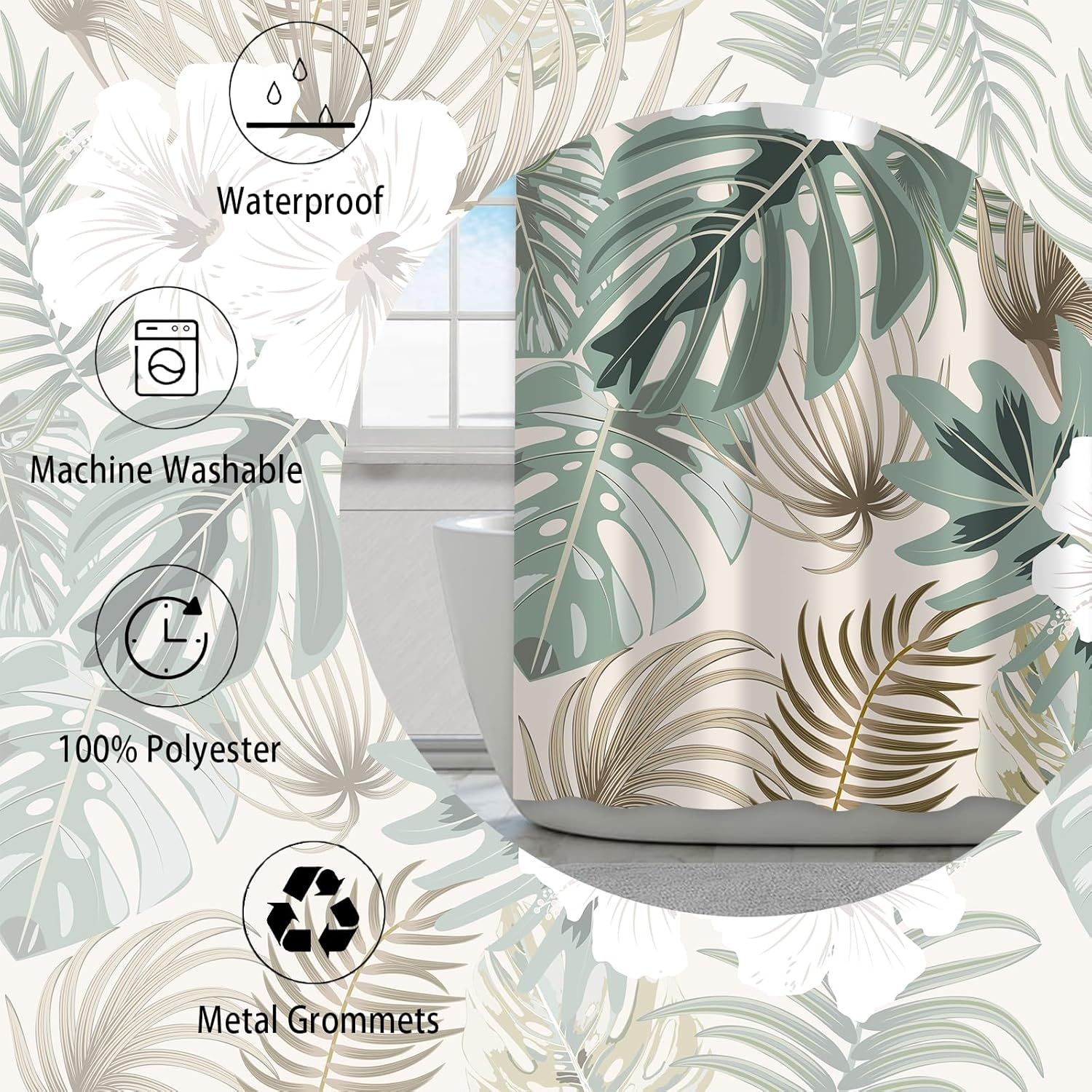 4Pcs Tropical Floral Plant Shower Curtain Sets, Hibiscus Flower Palm Leaves Beige Bathroom Decor with Non-Slip Rugs, Toilet Lid Cover and Bath Mat, Waterproof Shower Curtains with Hooks, 72 x 72 Inch