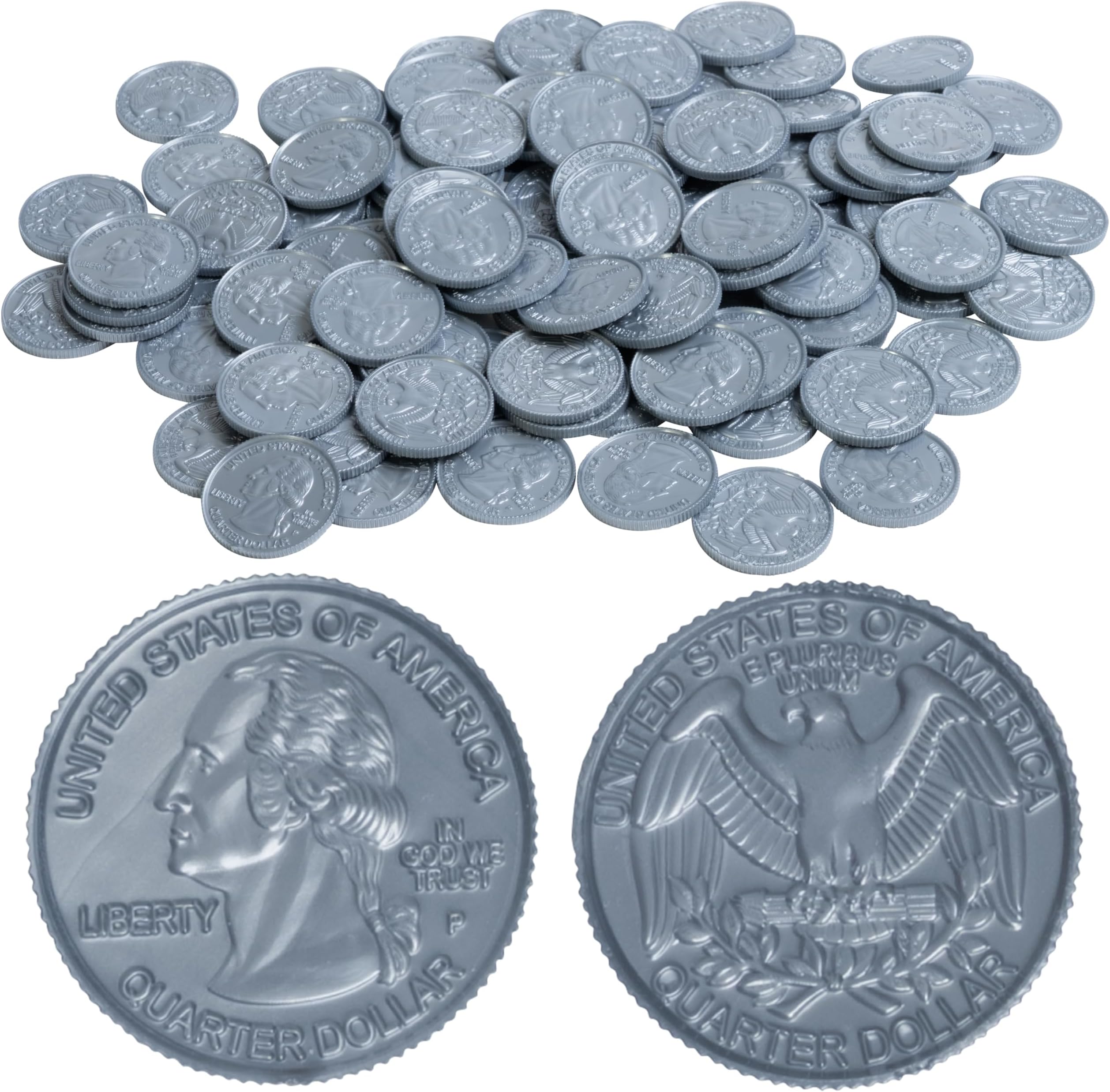 LEARNING ADVANTAGE Play Quarters - Set of 100 Plastic Coins - Designed and Sized Like Real US Currency - Teach Money Math With This Pretend Play Resou