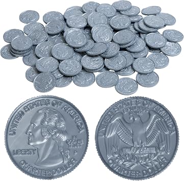LEARNING ADVANTAGE Play Quarters, Set of 100 Plastic Coins | Designed and Sized Like Real US Currency, Teach Money Math, Pretend Play Resource
