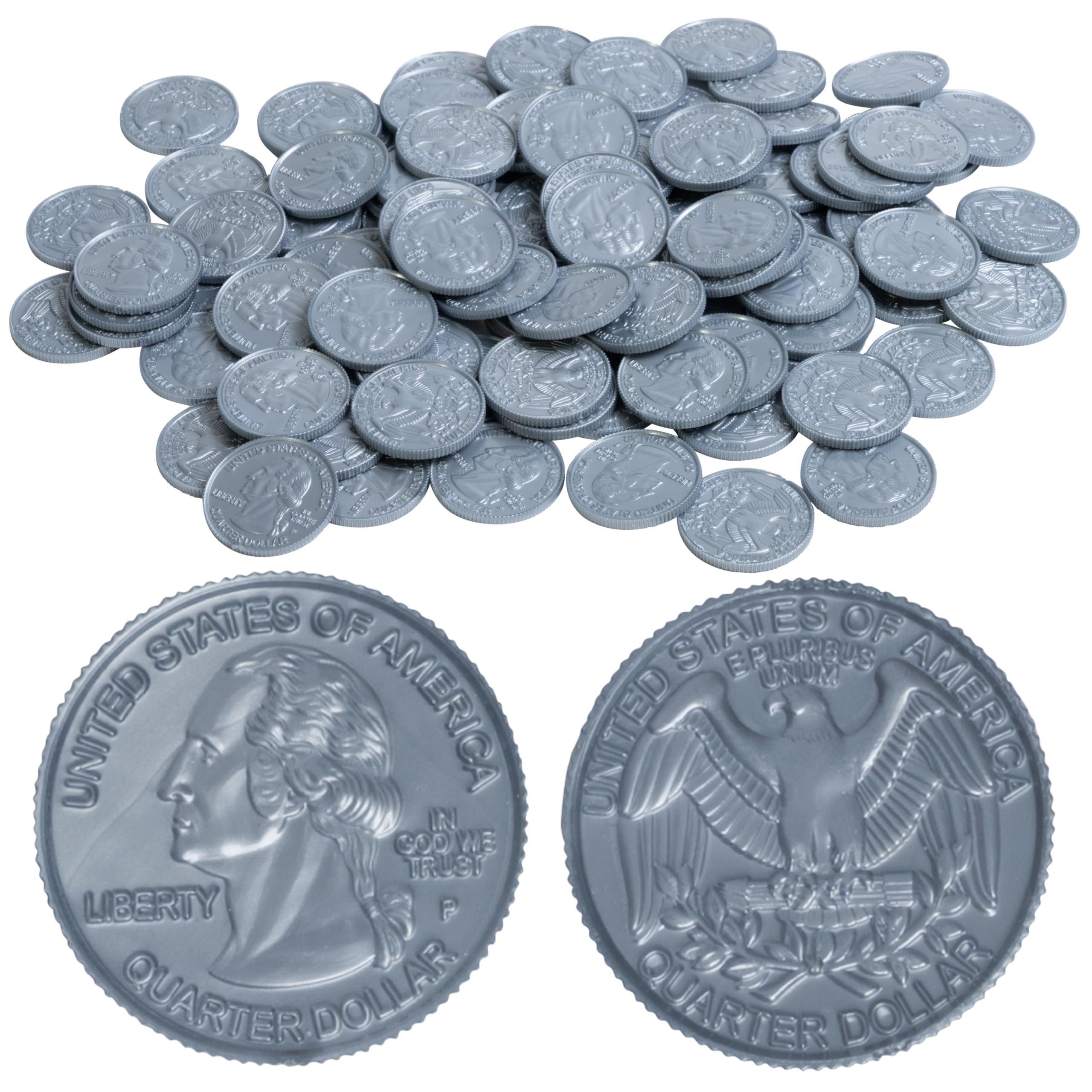 LEARNING ADVANTAGE Play Quarters - Set of 100 Plastic Coins - Designed and Sized Like Real US Currency - Teach Money Math With This Pretend Play Resou