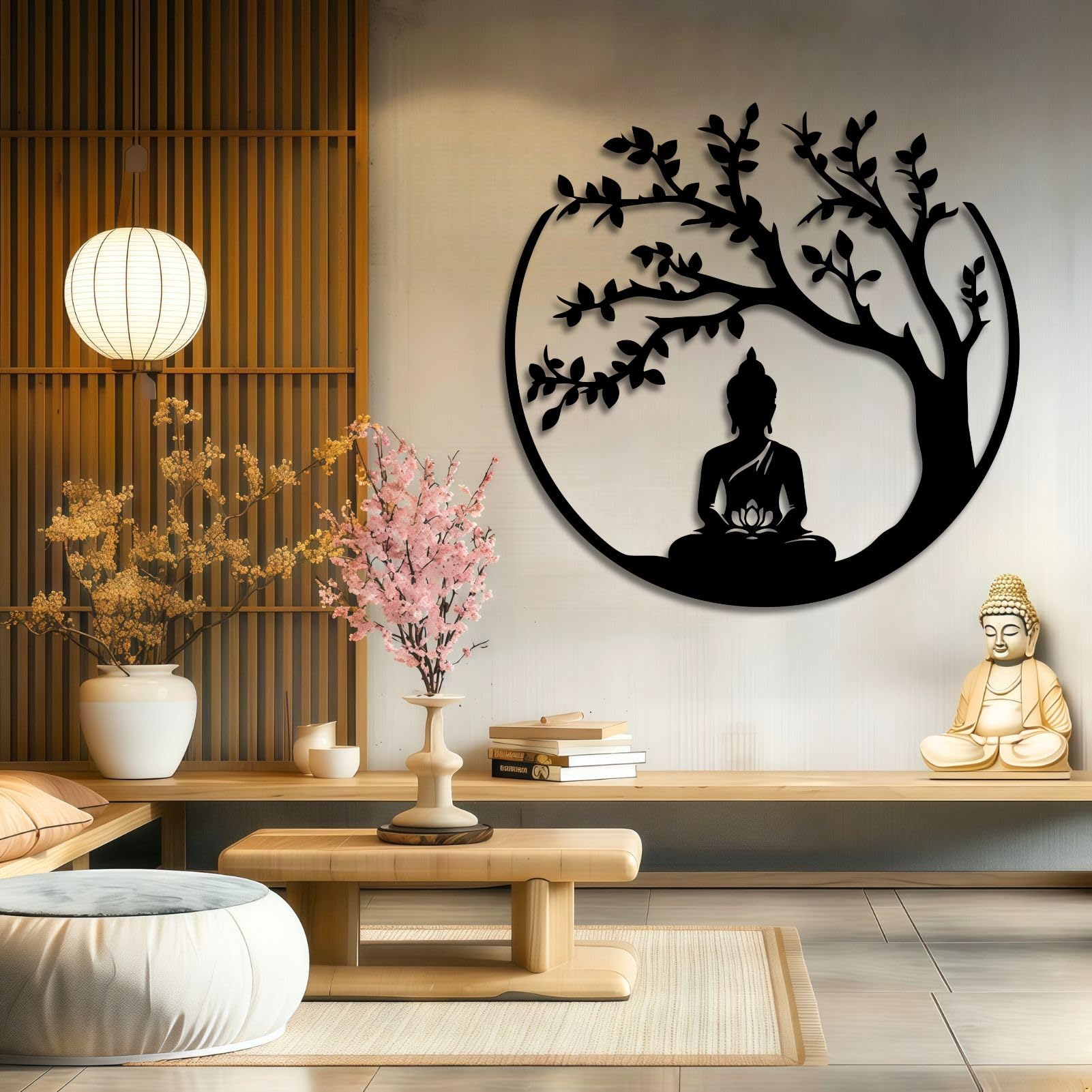 Décoration Murale 3D en métal représentant l'arbre de Vie et Bouddha, Art et méditation Zen pour Salon, Chambre ou Salle de Yoga (Noir, 70 x 69 cm)