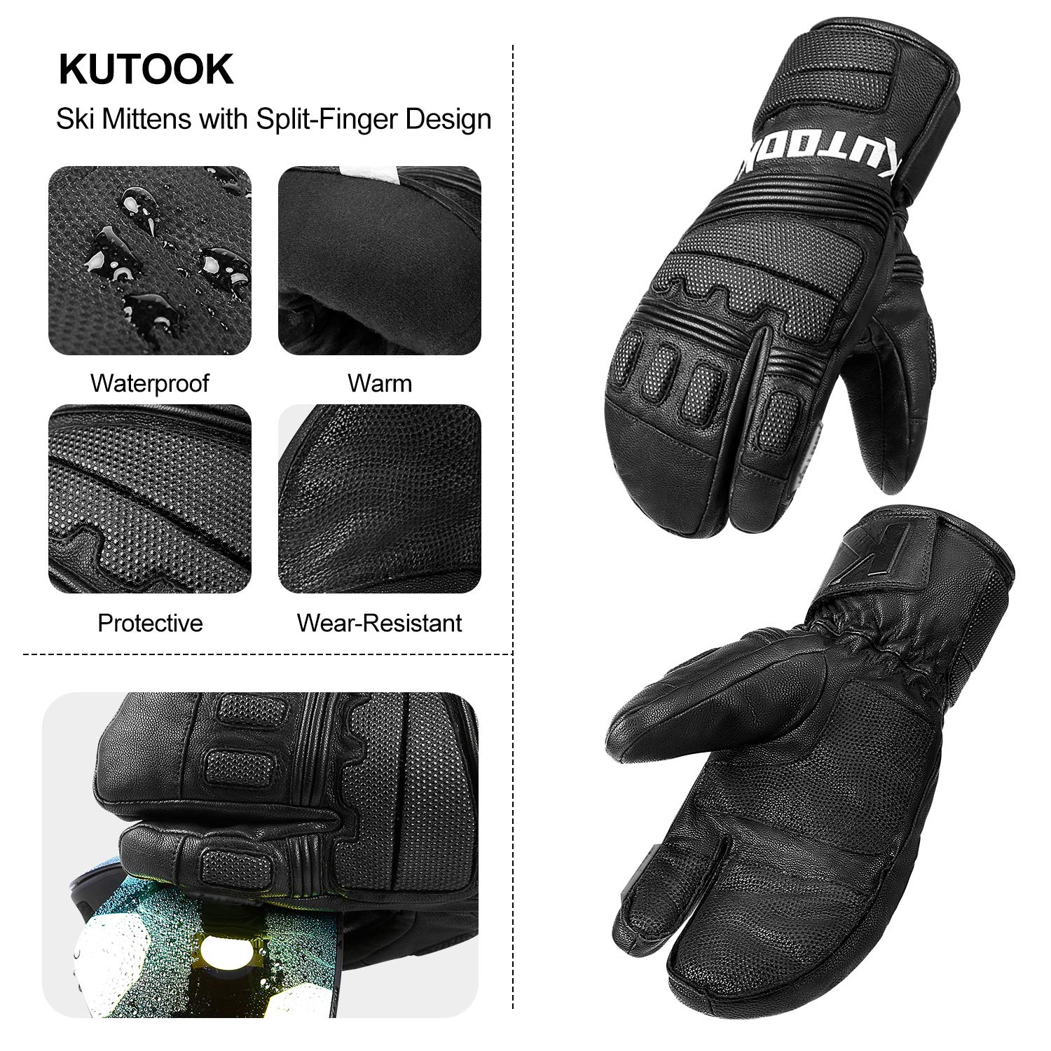 KUTOOK Guanti da Sci e Snowboard Professionale Impermeabili Antivento e Resistente per Sport Invernali da Uomo