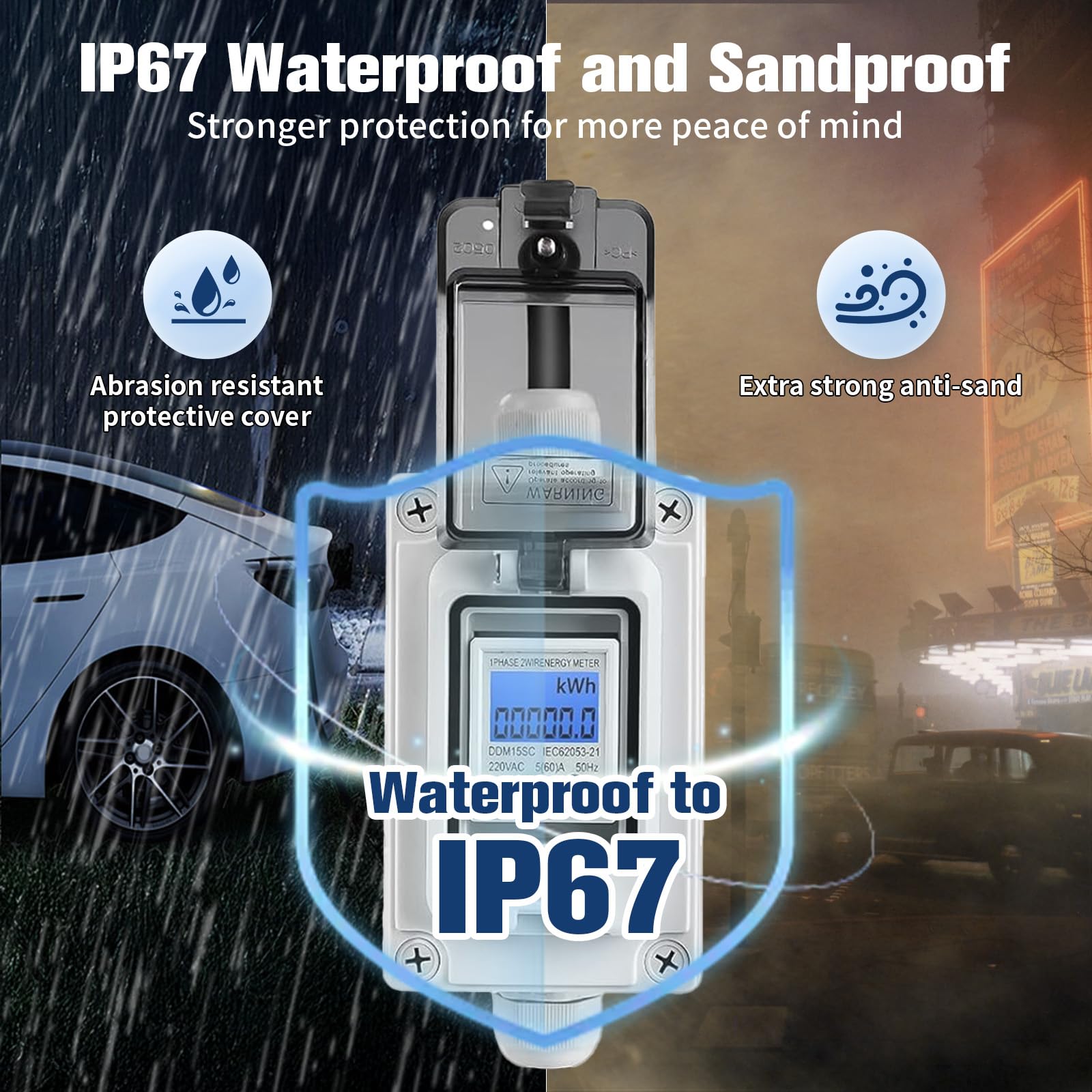 Contatore elettrico digitale per presa di corrente – Misuratore di consumo digitale portatile con design impermeabile IP67, funzione di interruzione di corrente e corrente nominale 16 A per camper