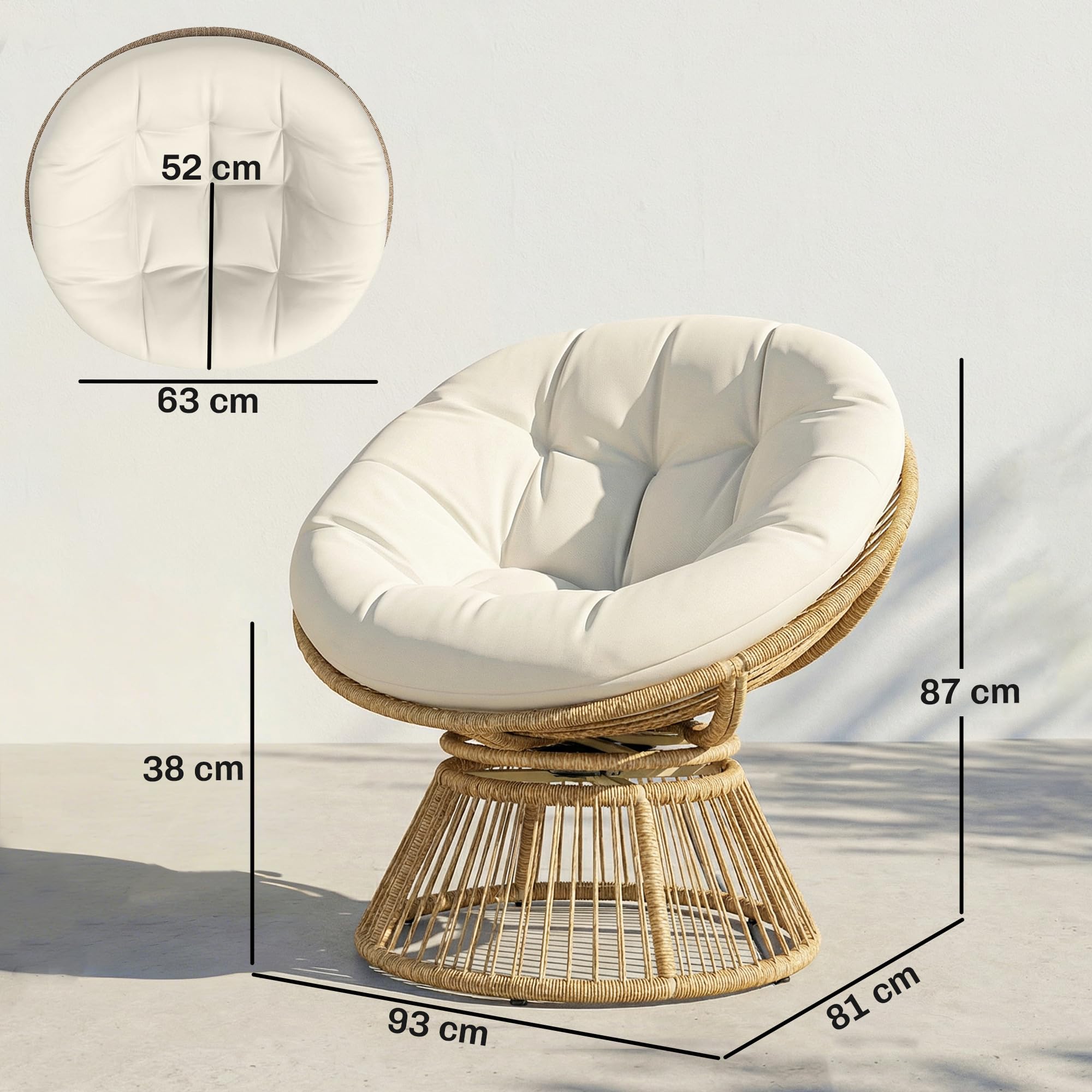 Outsunny Fauteuil Papasan Pivotant 360° avec Coussin Moelleux 12cm Fauteuil de Jardin en Polyrotin et Acier Siège Rond Relaxation pour Salon, Terrasse et Balcon Naturel