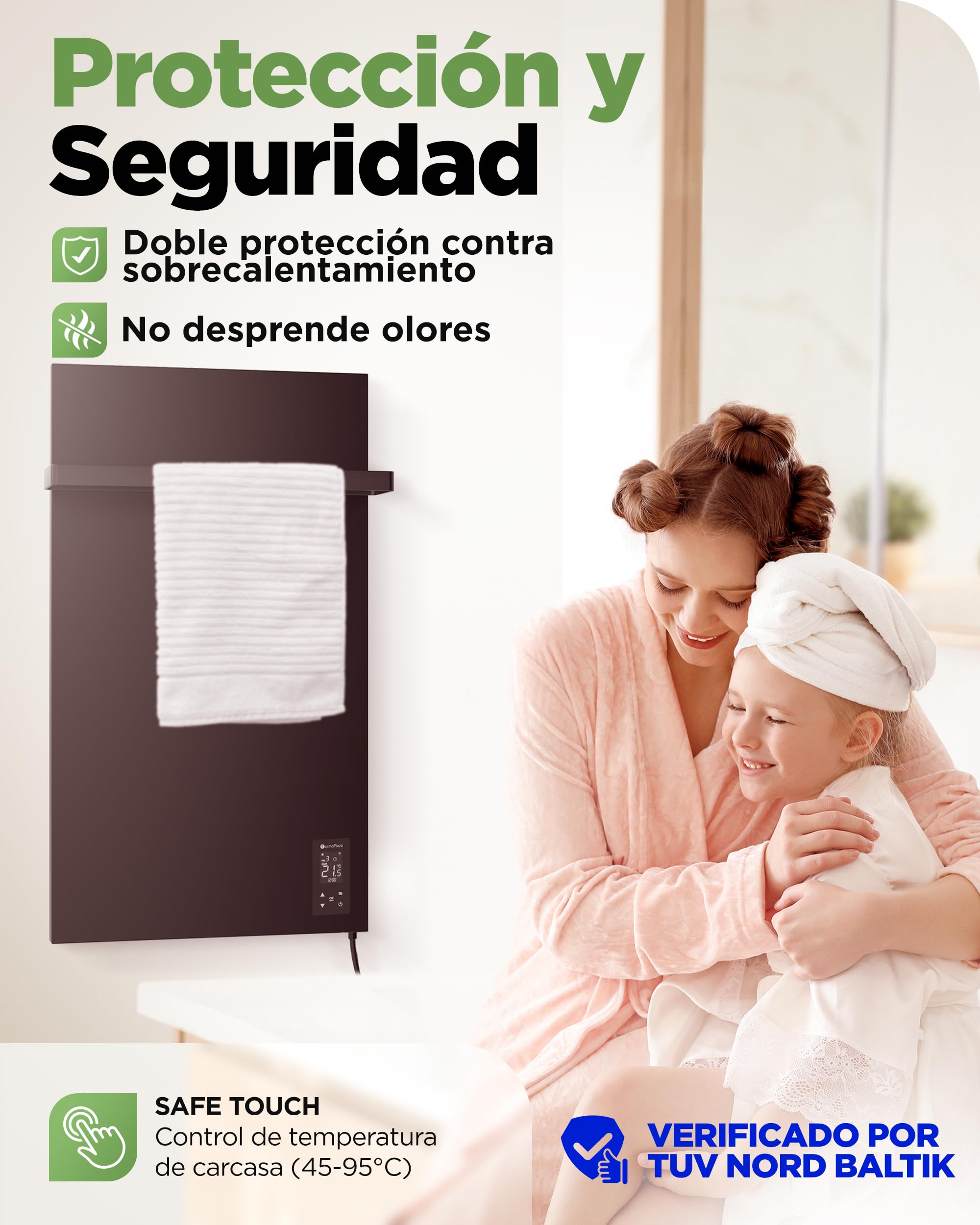 Termoplaza Toallero Eléctrico WiFi Baño Infrarrojo 270 Vatios hasta 7m2 - Radiador Eléctrico Bajo Consumo - Infrarrojo Calefacción - Radiador Toallero Negro - Calefactor Bajo Consumo