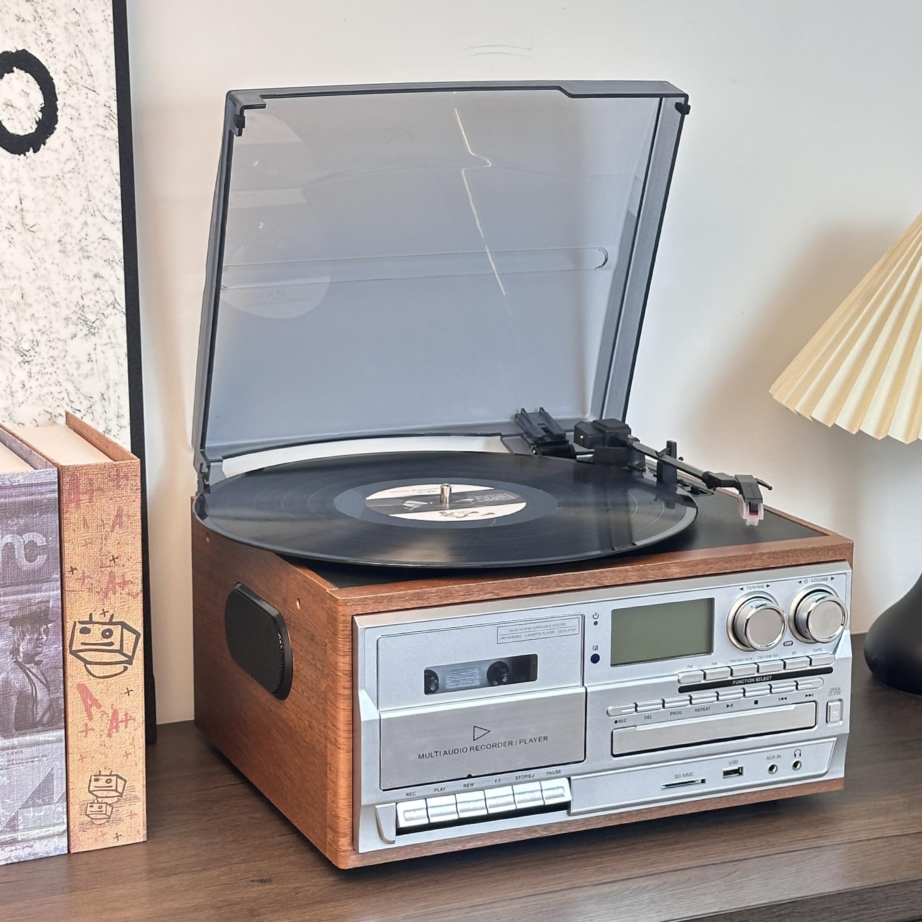 Sistema di intrattenimento retrò 10 in 1 con Bluetooth, lettore di cassette, giradischi in vinile, telecomando, altoparlanti integrati per uso domestico e ufficio