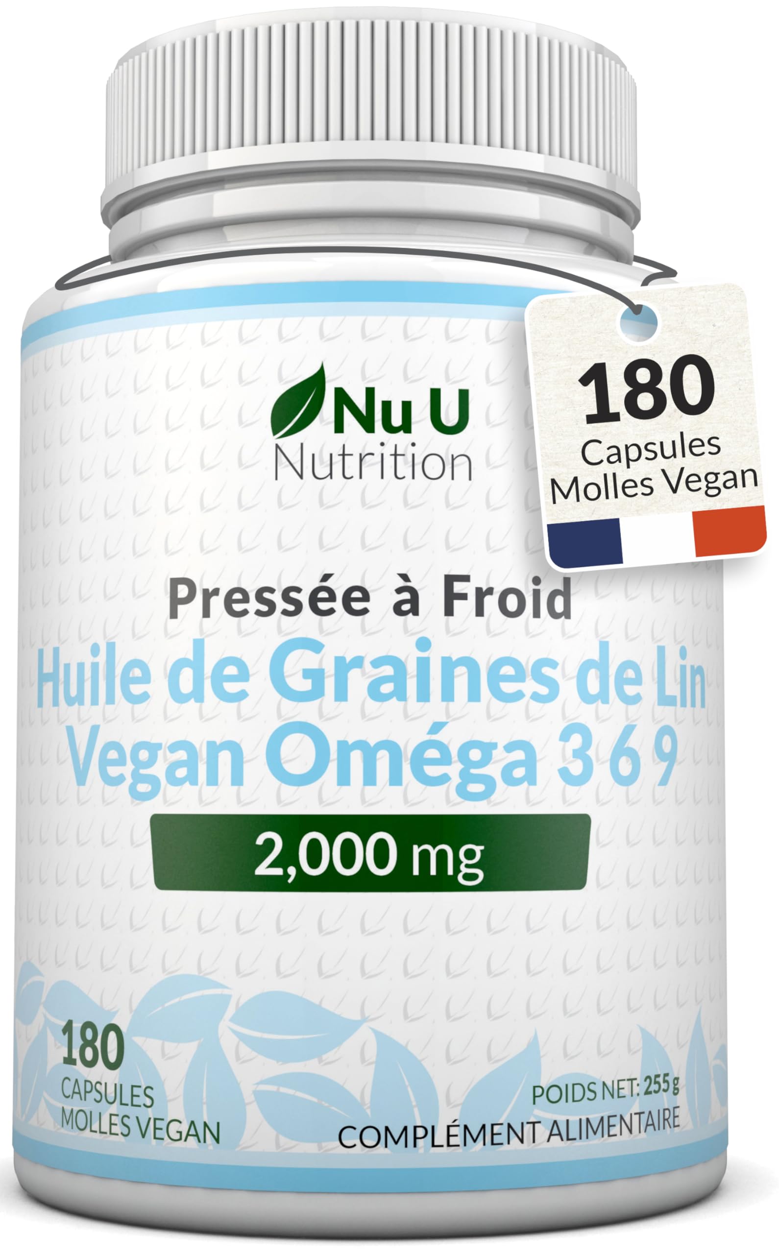 Huile de Graines de Lin Végétalienne 2000mg – 180 Capsules Molles – Pressée à Froid, Source Riche en Oméga 3-6-9 | Cure de 3 Mois – Fabriquée en Europe – Nu U Nutrition