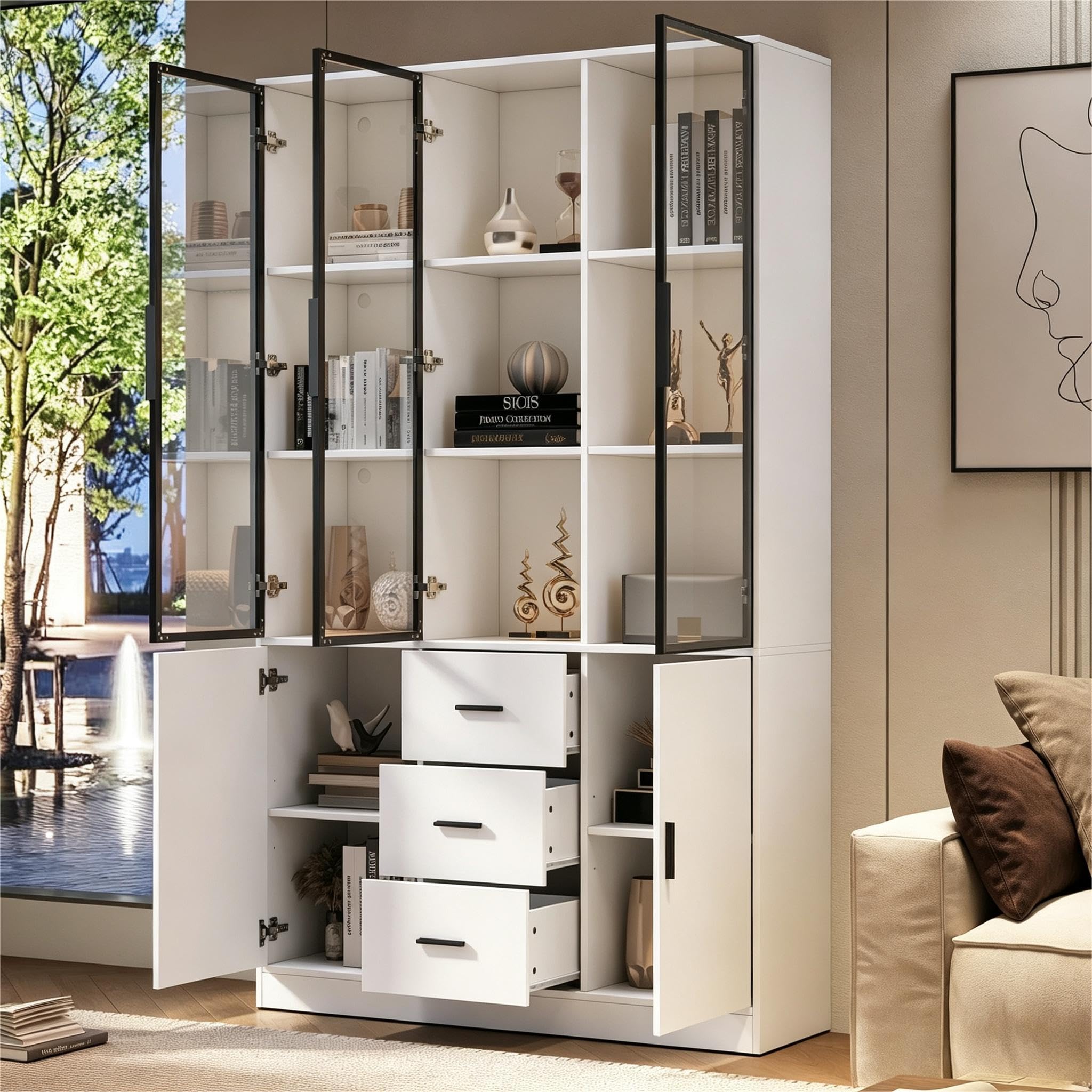Vetrina con anta in vetro e 3 cassetti, vetrina da collezione con maniglia, libreria, armadietto per soggiorno, bianco, 120 x 30 x 200 cm