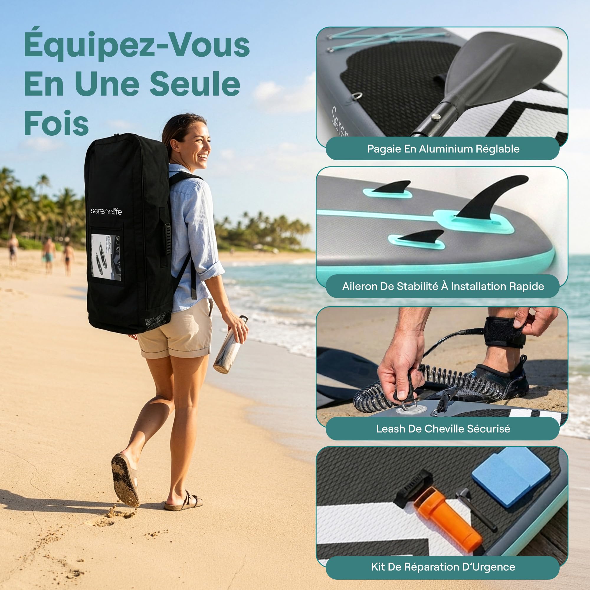 SereneLife Planche de Paddle Gonflable 3,4 m pour Adulte – Stand Up Paddle Sup avec Pagaie Réglable, Pompe à Main, Sac de Transport, Leash de Sécurité et Ailerons Amovibles – Kit Complet