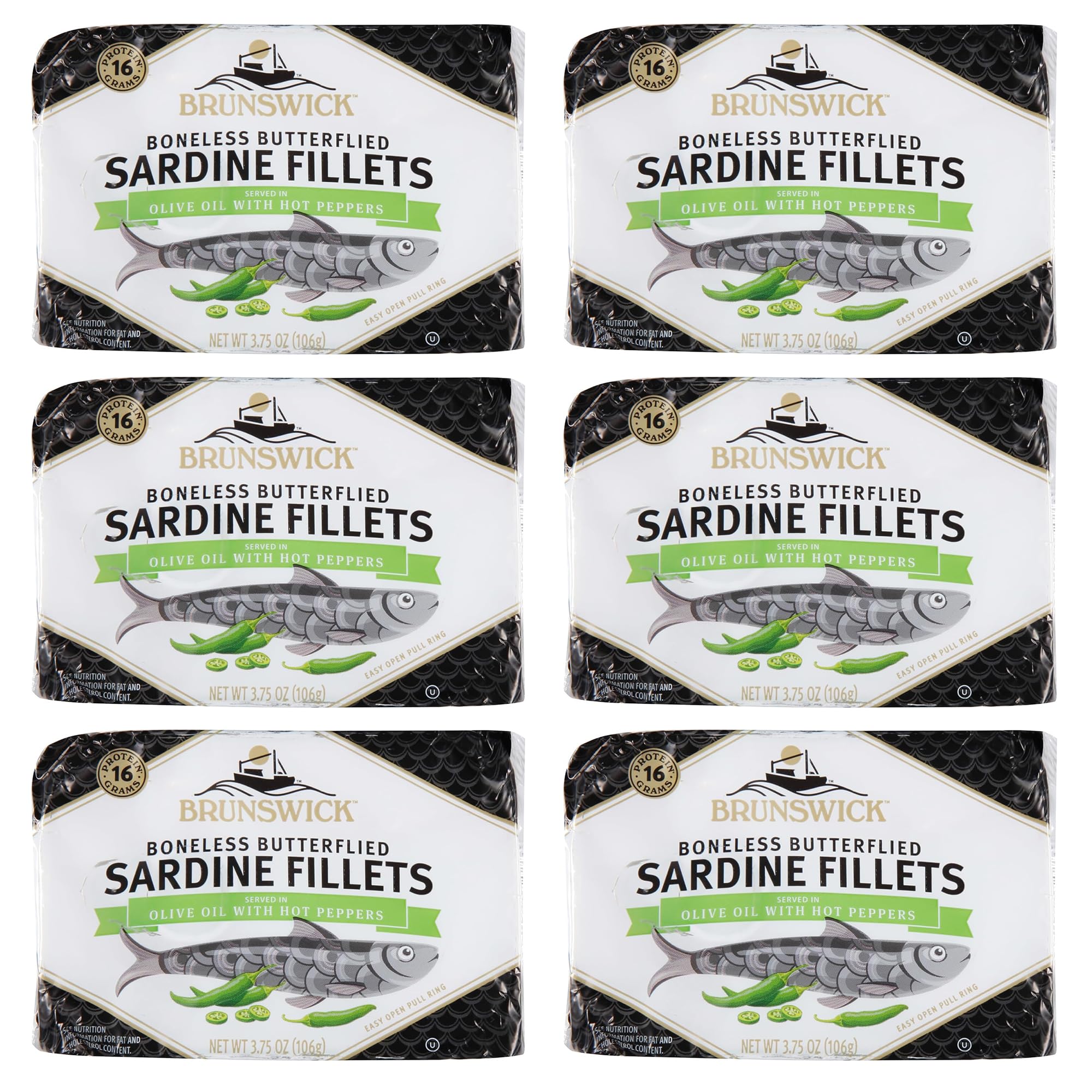 Brunswick Wild Caught Sardine Fillets in Hot Pepper, 3.75 oz Can - 16g Protein per Serving - Gluten Free, Keto Friendly - Great for Pasta & Seafood Recipes (Pack of 6)