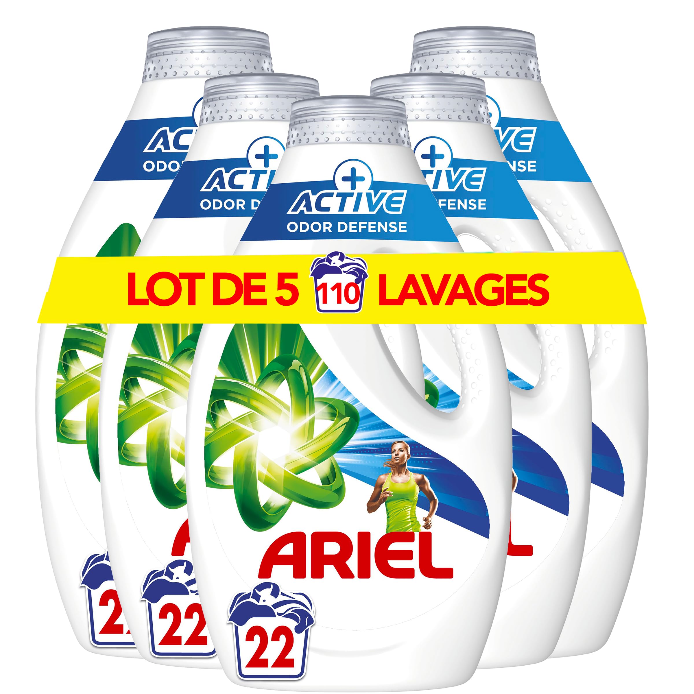 Ariel Flüssigwaschmittel, Active Odor Defense, 5 x 22 Waschgänge, Touch De Febreze, Duft der Sauberkeit, 2 x länger, hergestellt in Frankreich