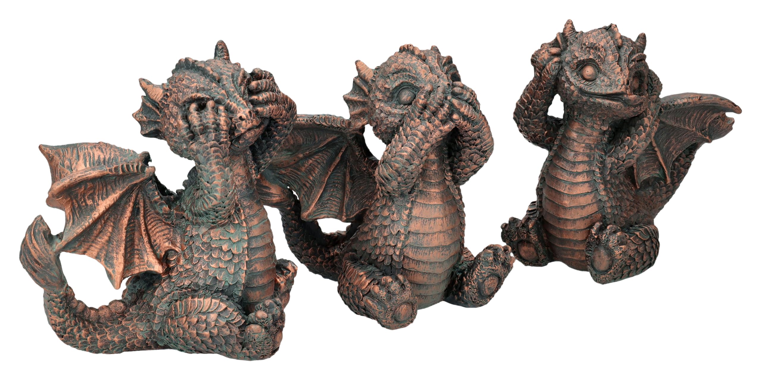 Figuren Shop GmbH Drachenfiguren - Nichts Böses Sehen, Hören, Sagen, 12 cm - Kunststein, Handbemalt, Bronzefarben, Fantasy Statue