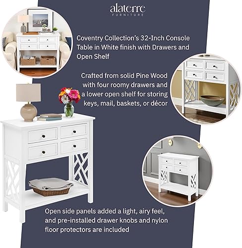Miniatura 4 de Alaterre Furniture Coventry - Mesa consola de madera de 32 pulgadas de ancho con 4 cajones Gris,Blanco,https://www.amazon.com/dp/undefined