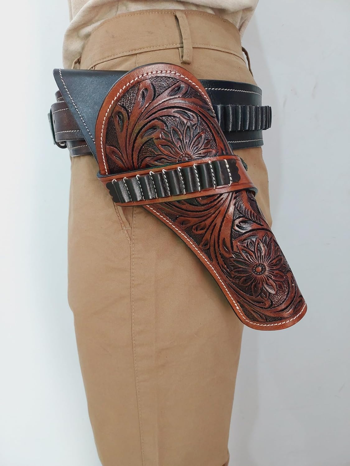 Western Gun Holster - .22 .38/357 .44/45- Full Grain Leather - with Ammo Loops – Fits 4" to 6.5" Revolvers – Cowboy Style – Cross Draw