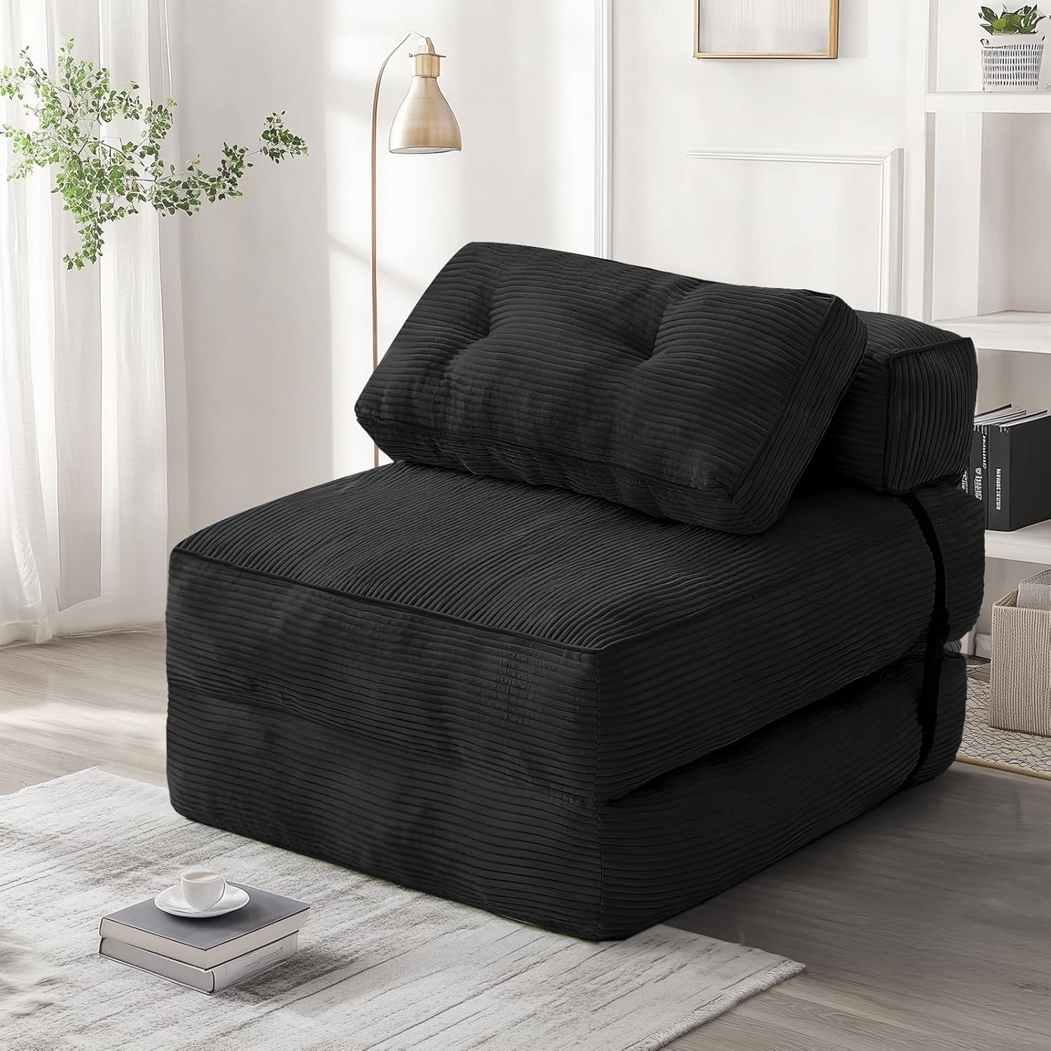 MIERES Foldable Sofa Bed, Foldable Couch Futon Mattress with Ergonomic Support, Floor Sofa Lounge with Pillow and Back Support, Convertible Sleeper Couch for Small Space, Living Room (Black)