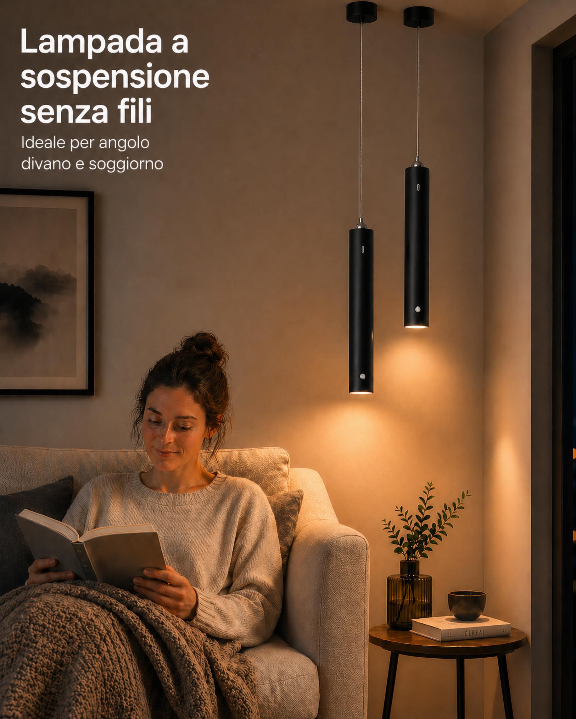 ACMHNC Lampada a Sospensione a Batteria Senza Fili,5W LED Sospensione Ricaricabile USB-C 4500mAh con Telecomando,Dimmerabile 3000K/4000K/6000K, Timer,Lampadario Camera da Letto Cucina, Nero,Ø4x30cm