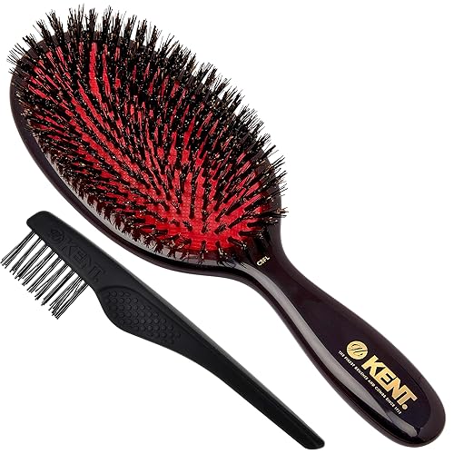 Kent CSFL Classic Shine - Cepillo para alisar con cojín ovalado grande y desenredante de cabello, cepillo de cerdas de jabalí negro natural, cepillo