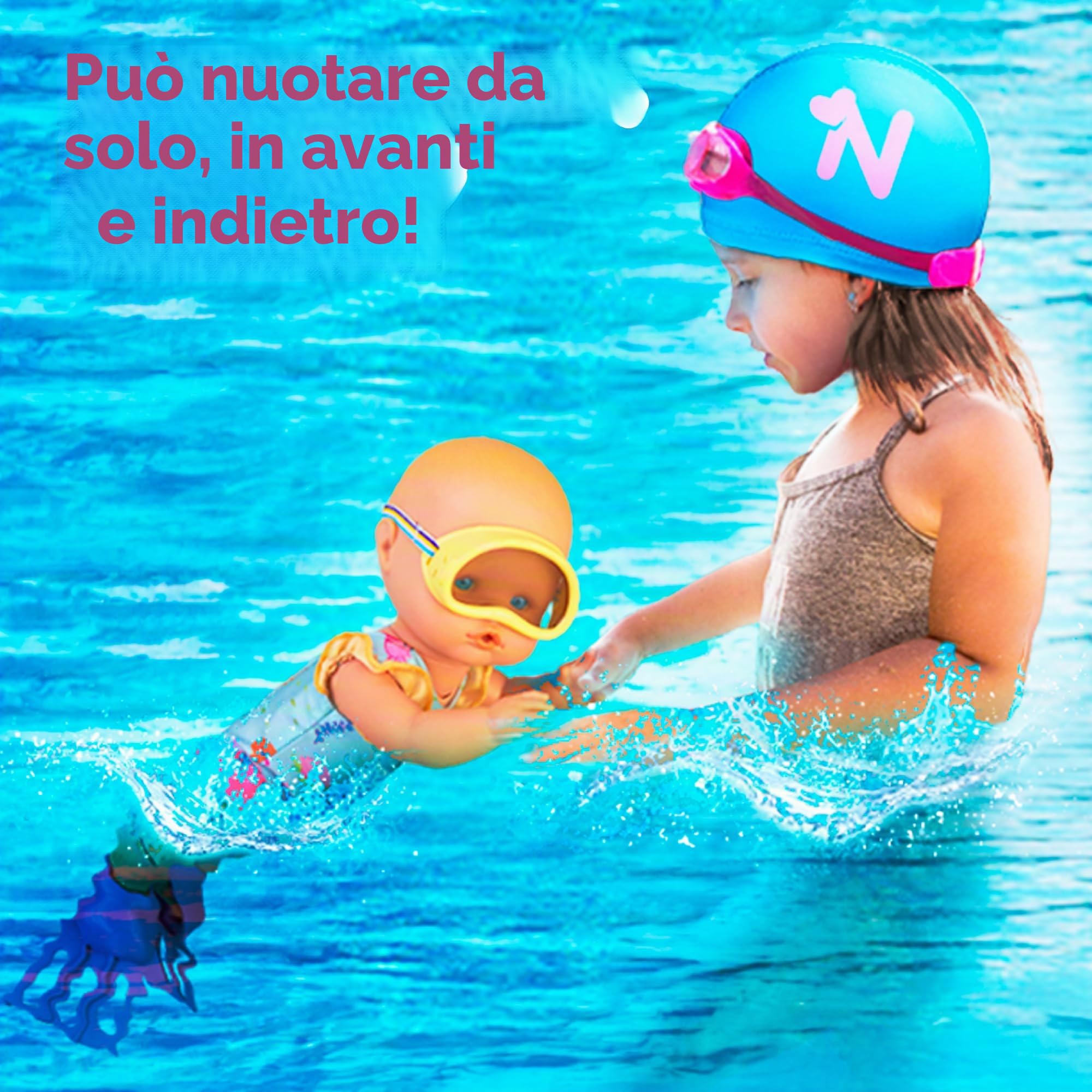 Nenuco Impara ad immergersi, bambola meccanica 35 cm, muove le gambe, nuova avanti e indietro, con costume da bagno, pinne e occhialini, per bambine/I dai 2 anni, Famosa NFN75000
