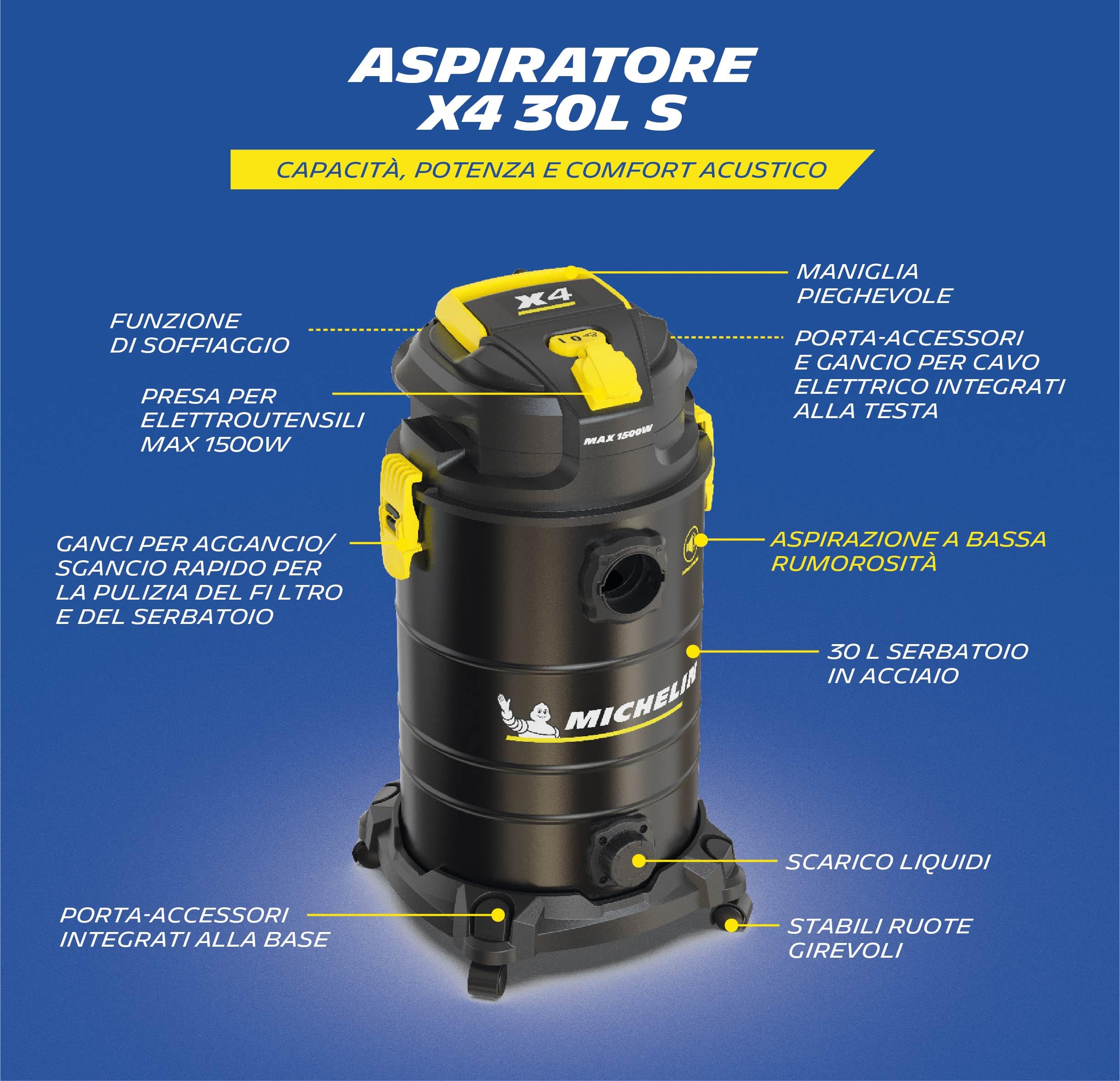 Michelin X4 30L Aspirador Profesional Silencioso 30L 1000W - Seco Húmedo - Depósito INOX - 60dB - Toma Herramientas - Cable 4,5m