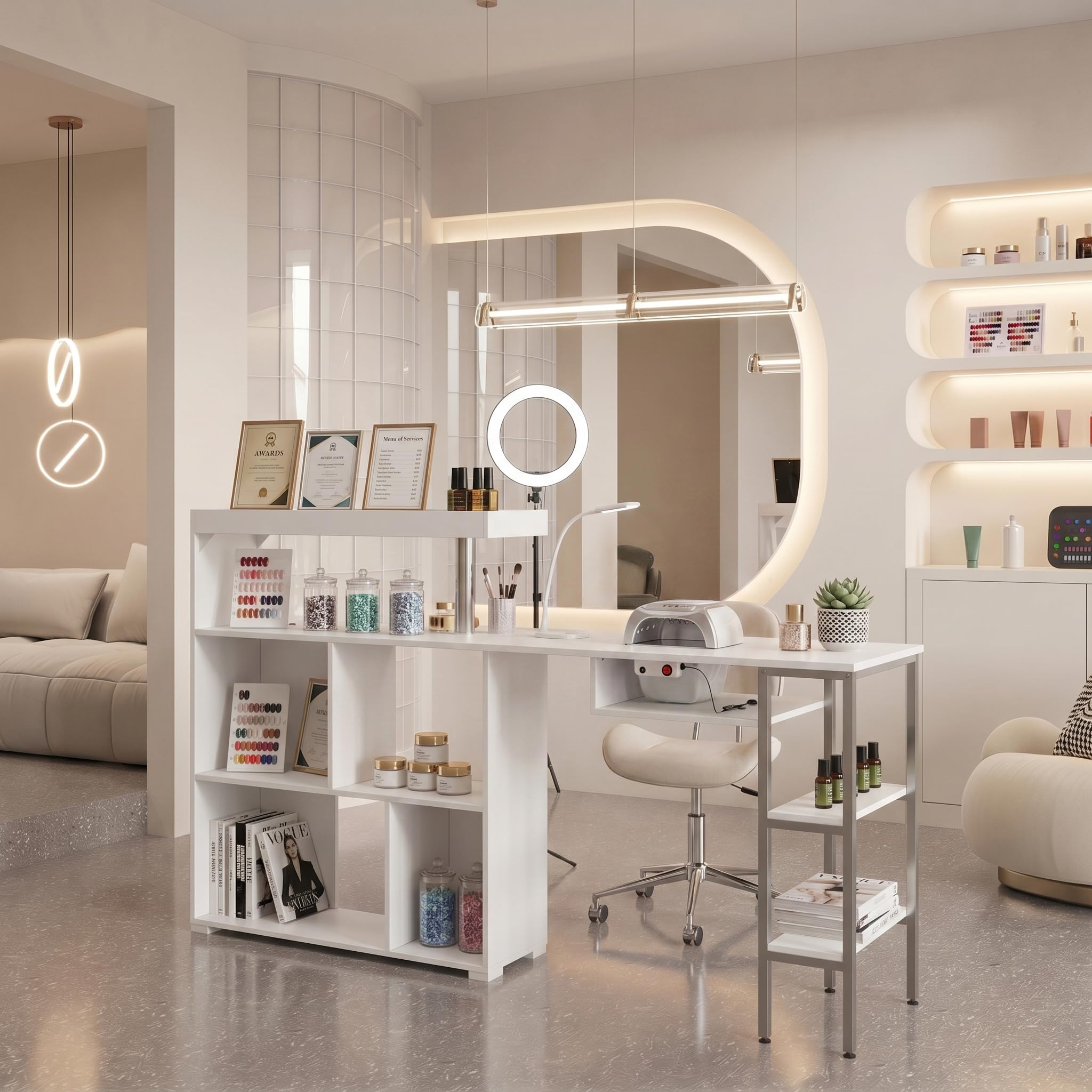 Caldion Table de Soin des Ongles 7 étagères Table de manucure avec Aspiration Meuble Manucure Professional Grand Espace de Rangement pour Salon et Beauté 110 x 82 x 110 cm Blanc