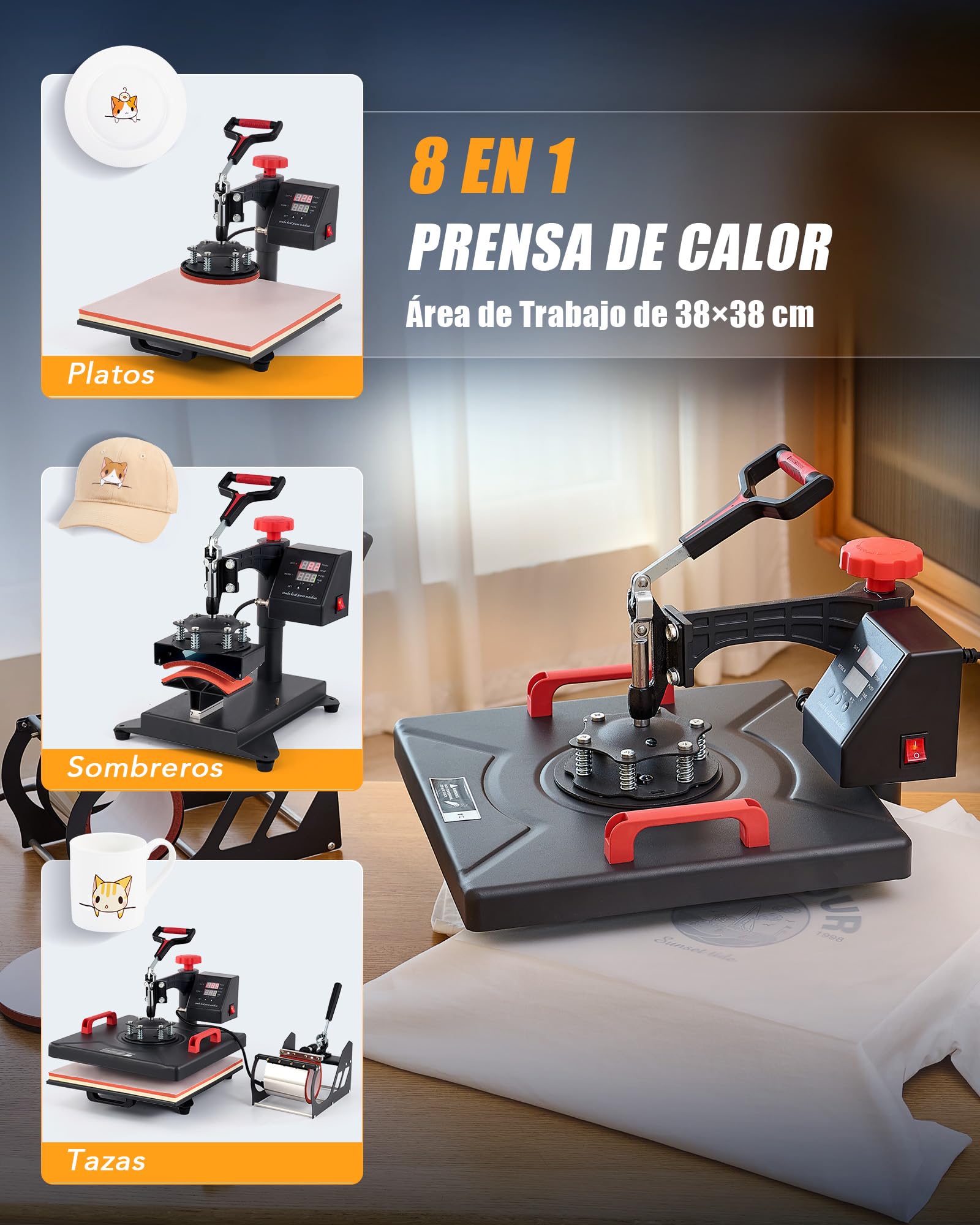 CREWORKS Prensa de Calor 38x38 cm, Maquina de Sublimacion 8 en 1 con Panel de Control Digital, Prensa de Calor Multifuncional con Giro de 360° para Camisetas, Tazas, Gorras, Platos y Más
