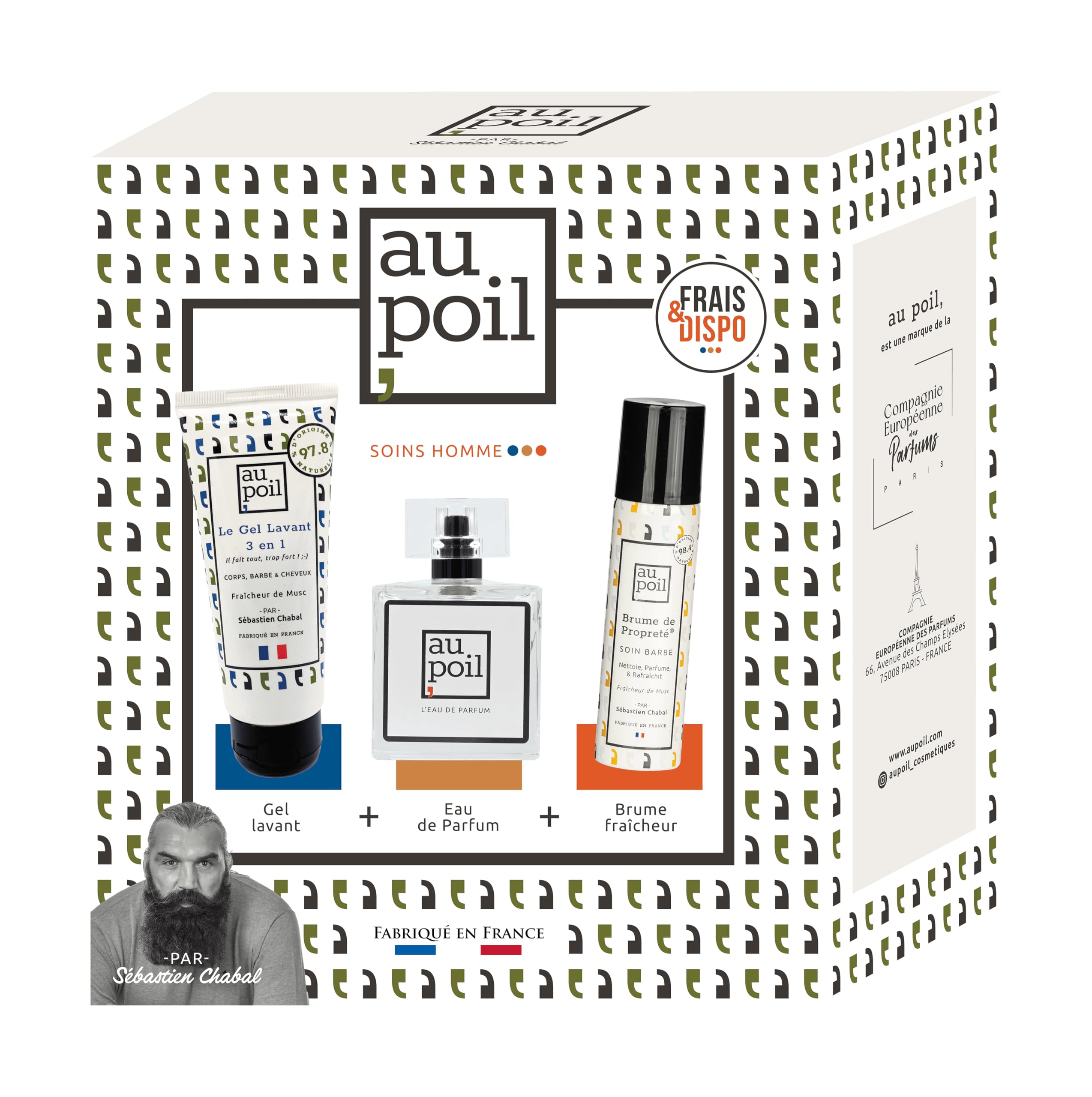 AU POIL le Coffret Frais & Dispo : 1 Eau de Parfum 100ml, 1 Brume de propreté 70ml, 1 Gel lavant 3-en-1 100ml Fraîcheur de Musc par Sébastien Chabal