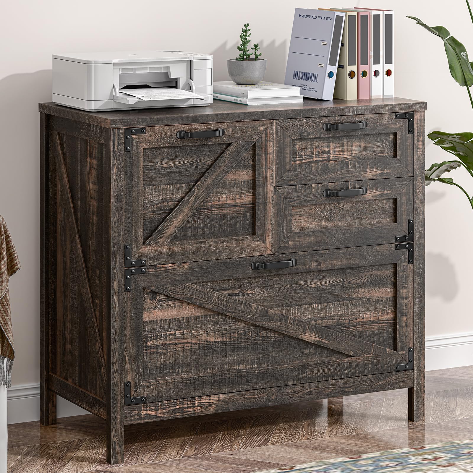 Farmhouse Office Furniture Farmhouse 4-Drawer Lateral File Cabinet - Letter/Legal/A4  Size, Rustic White Office Storage White File Cabinet, image size:1600x1600