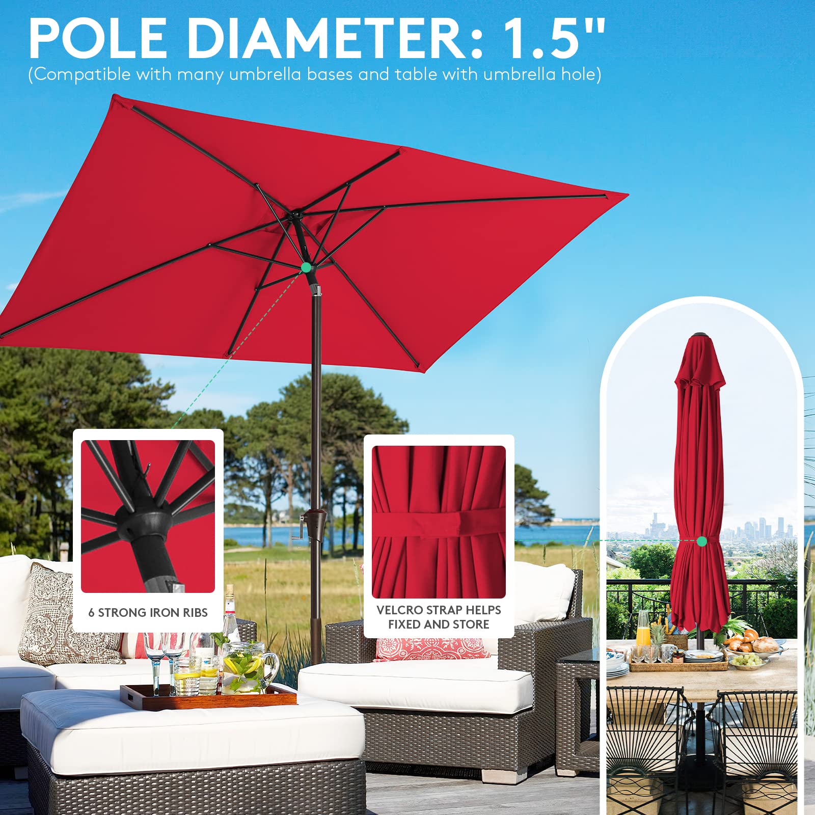JEAREY 6.5x10ft Olefin Rectangular Patio Umbrella, Rectangle Outdoor Umbrellas with Auto Tilt Crank System, Market Table Umbrella UV Protection Fade-Resistant for Pool Deck Garden Yard, Red : Patio, Lawn &