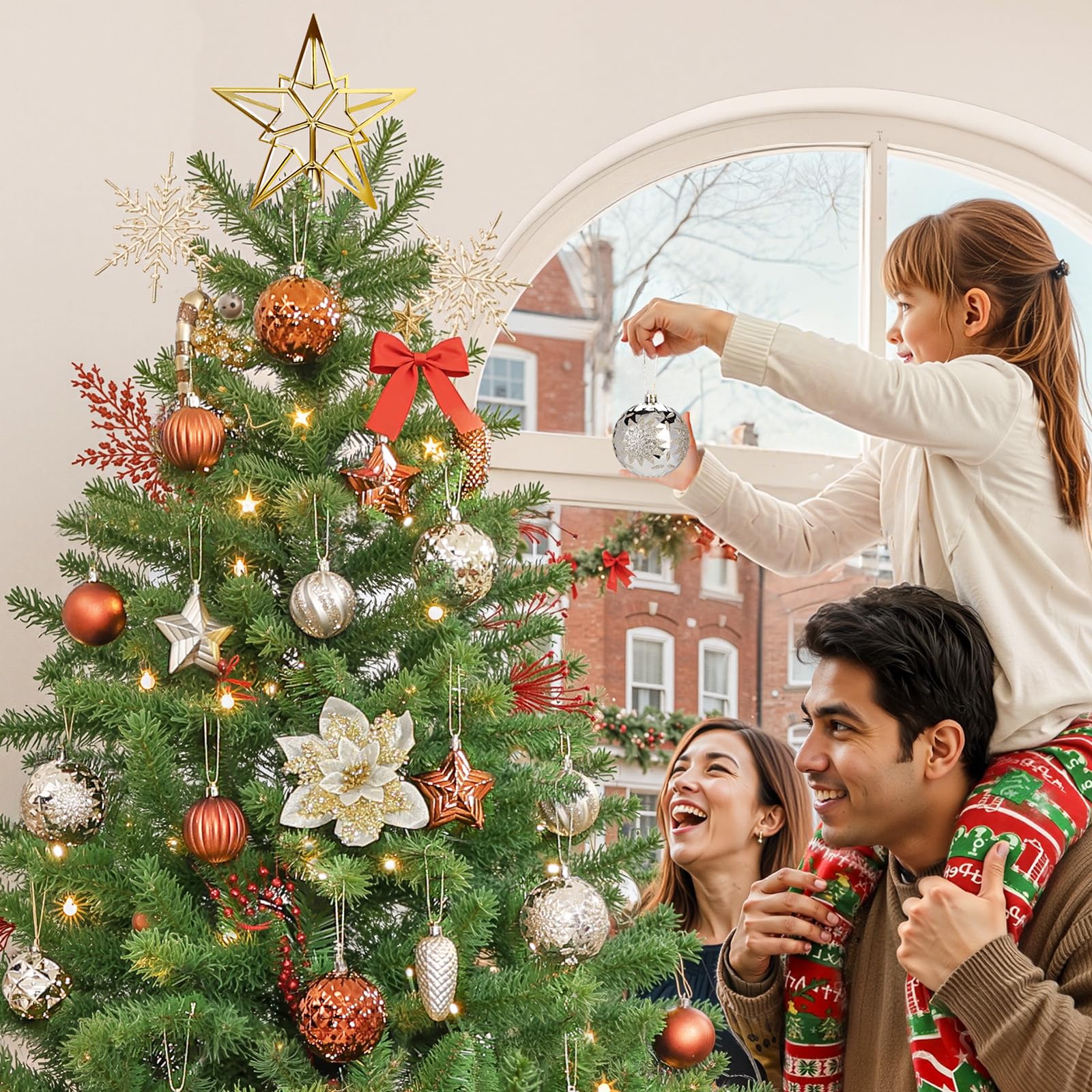Alupssuc 128 Teiliges Weihnachtskugel-Ornament-Set, Bruchsichere Christbaumschmuckkugeln, Weihnachtsblumen, Bänder, Baumspitze für Weihnachtsbaum, Feiertage, Hochzeitsfeiern mit Haken, Braun & Gold