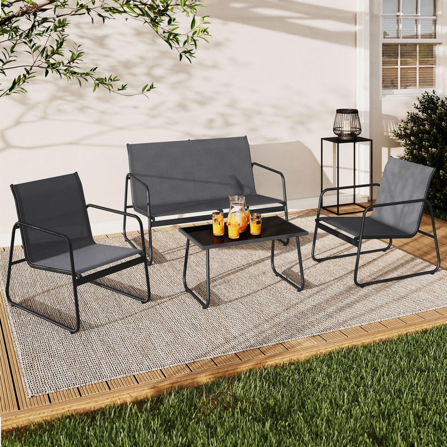IDMarket - Salon de Jardin Bas Malaga 4 Places avec canapé, fauteuils et Table Gris Anthracite