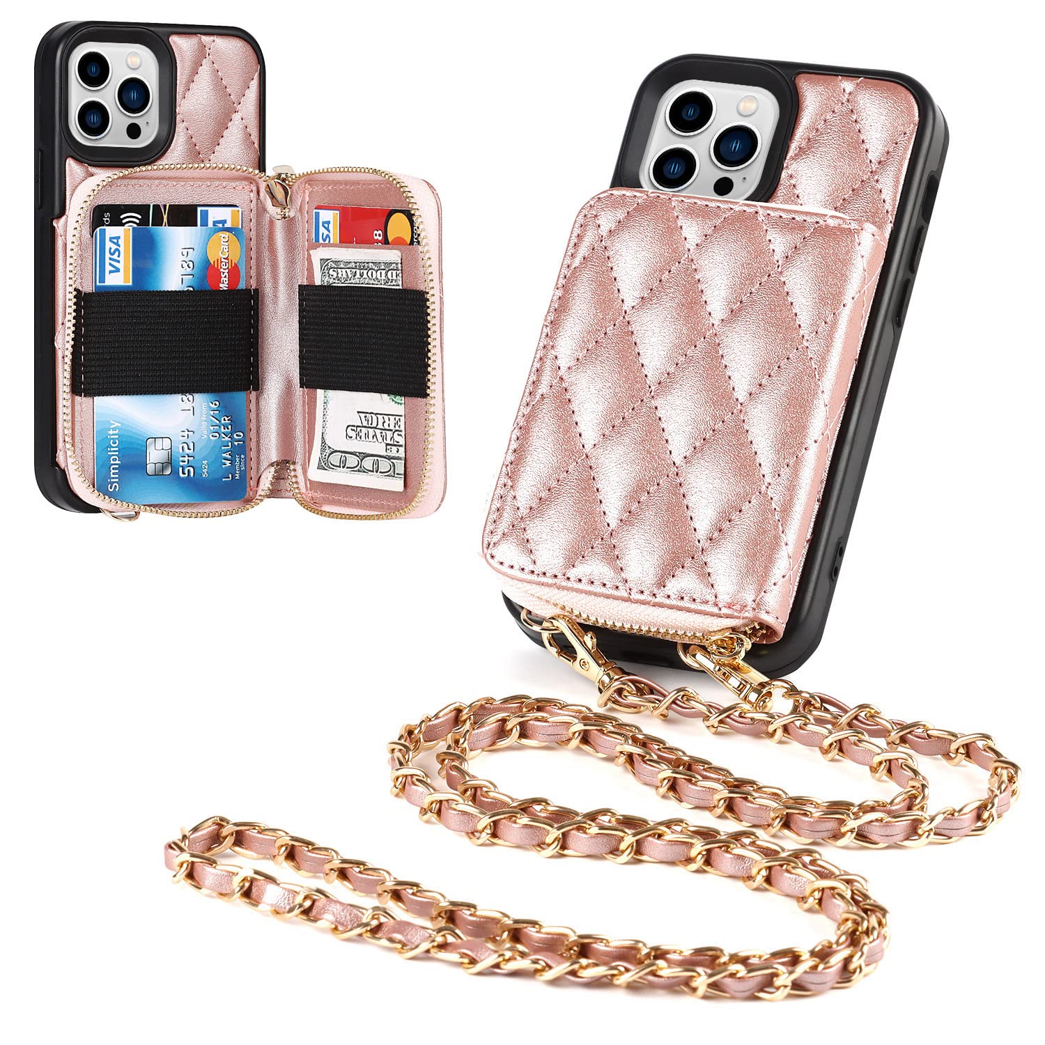 Hamany Crossbody Wallet Case for iPhone 13 pro 6.1"- Protective case with Card Holder and Lanyard- iPhone 13 pro Zippered Wallet case - Faux Leather-（Rose Gold）