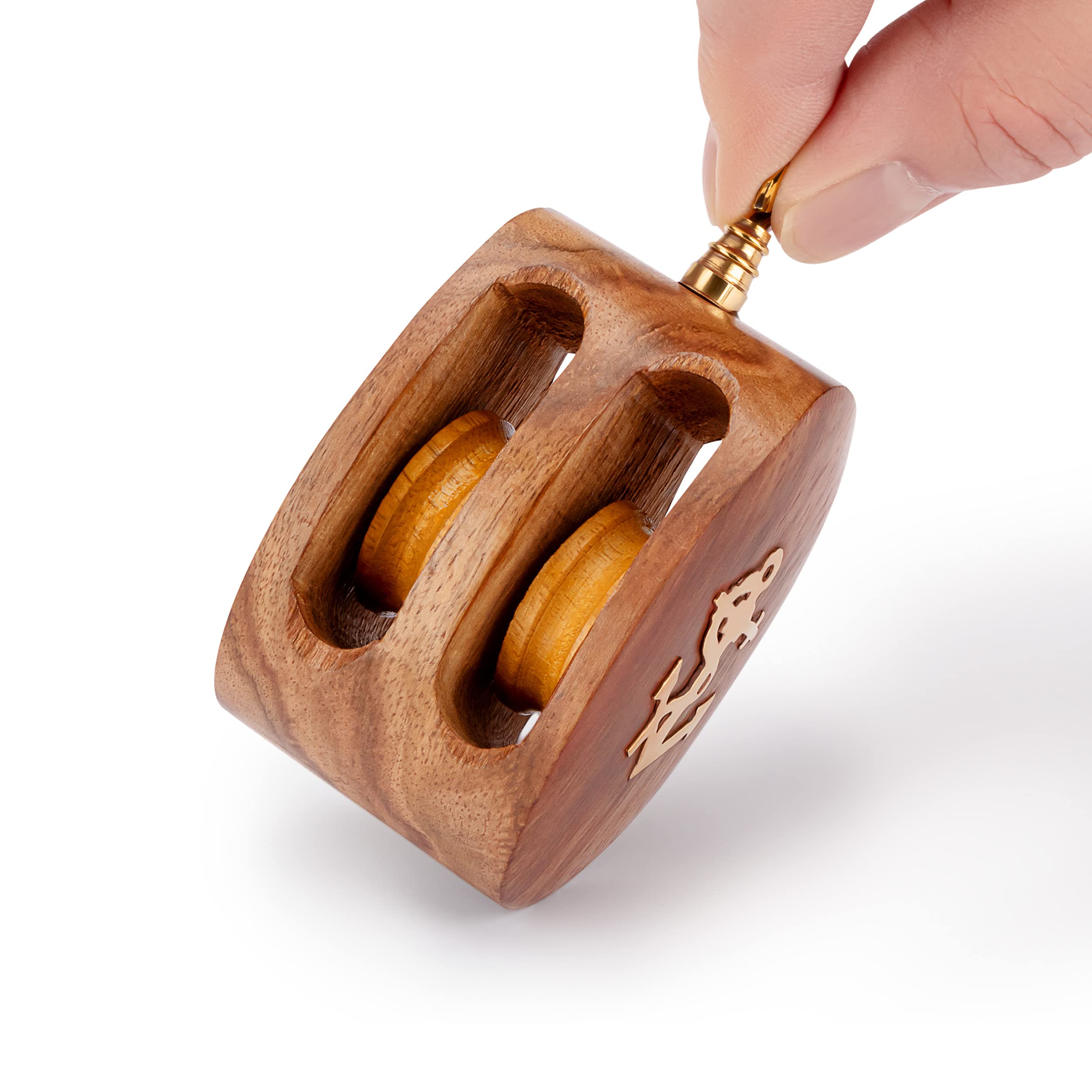 NKlaus Maritim 11513 - Rollo doble de madera y latón, 9,5 x 4,5 x 4,2 cm, perfecto para decoraciones marítimas o como polea de botella