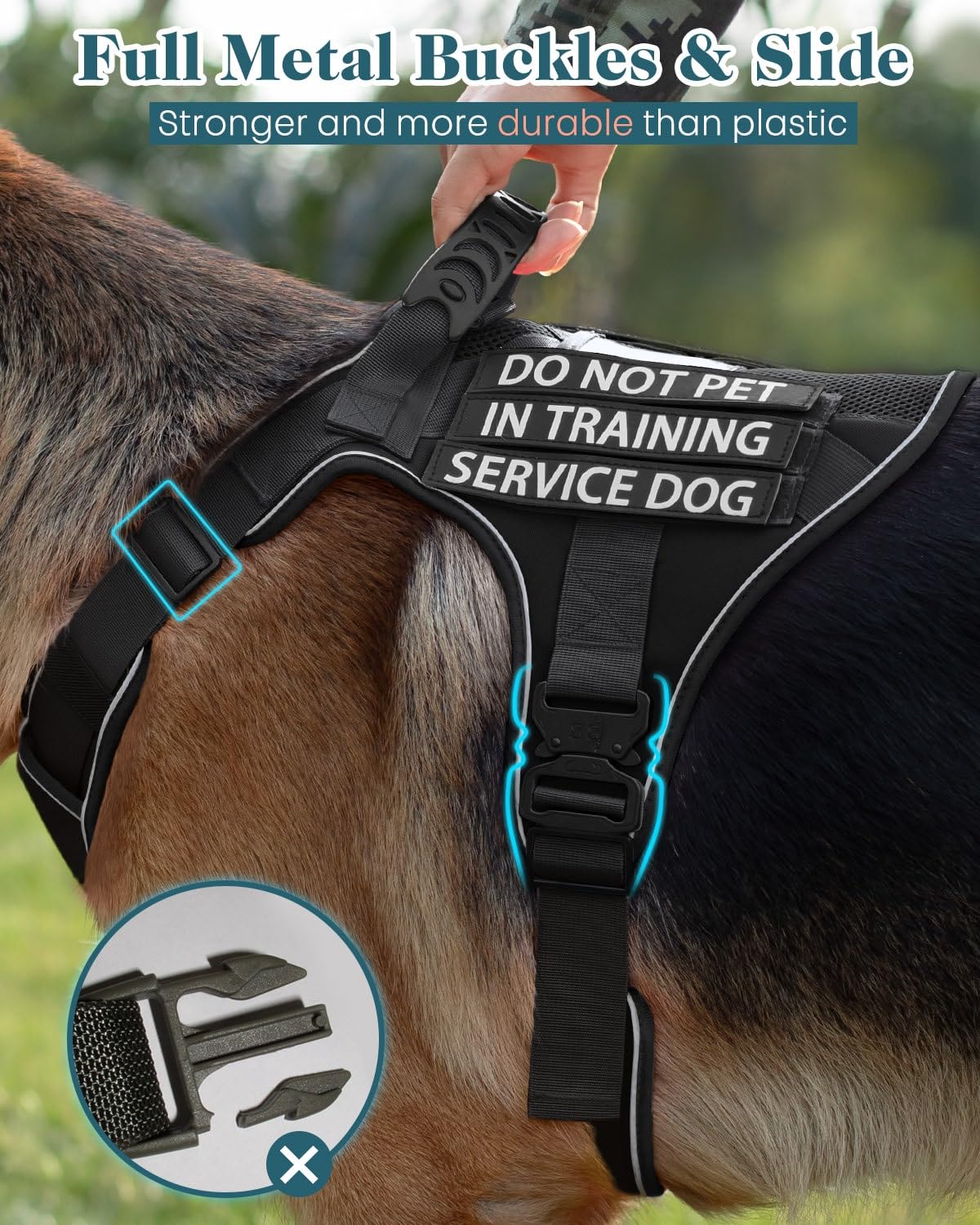 Arnés de perro de servicio para perros pequeños y medianos, hebillas de metal completo, arnés de chaleco negro resistente para caminar, senderismo, entrenamiento