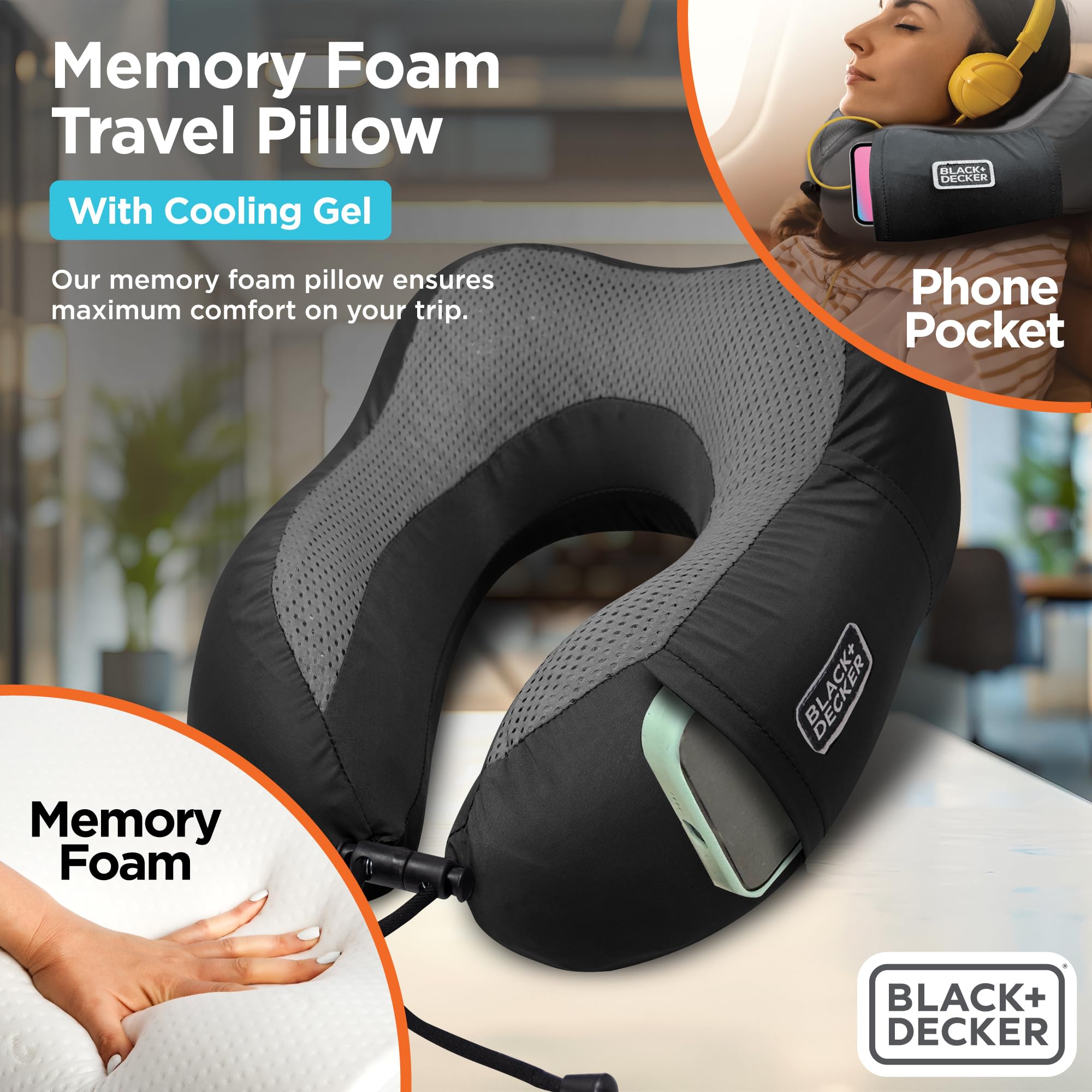 BLACK+DECKER Cuscino cervicale rinfrescante in memory foam, cuscino da viaggio per aereo, auto e treno, supporto ergonomico per il collo, memory foam a rimbalzo lento, fodera lavabile, misura