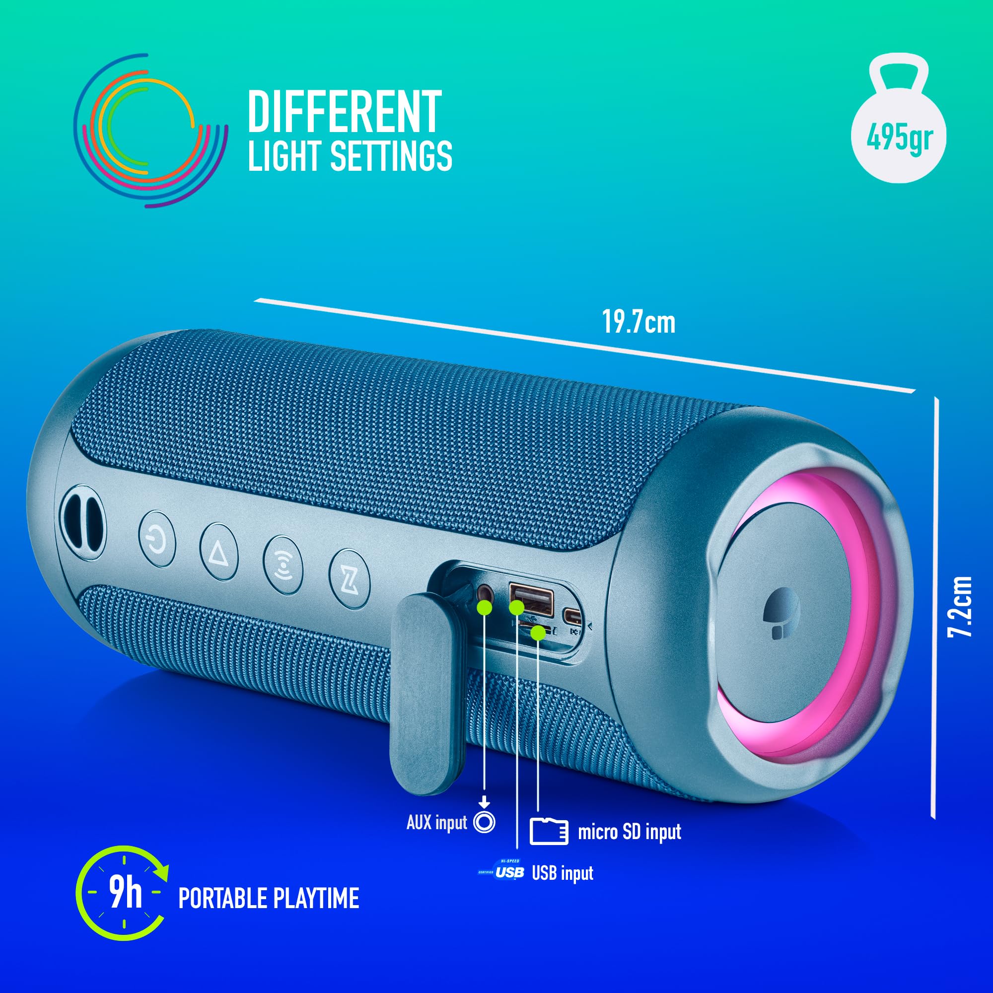 NGS Roller Furia 2 Blue – Altoparlante Bluetooth portatile 5.3, 30 W, impermeabile IPX7, luci RGB, True Wireless TWS, USB, batteria 9 ore, blu