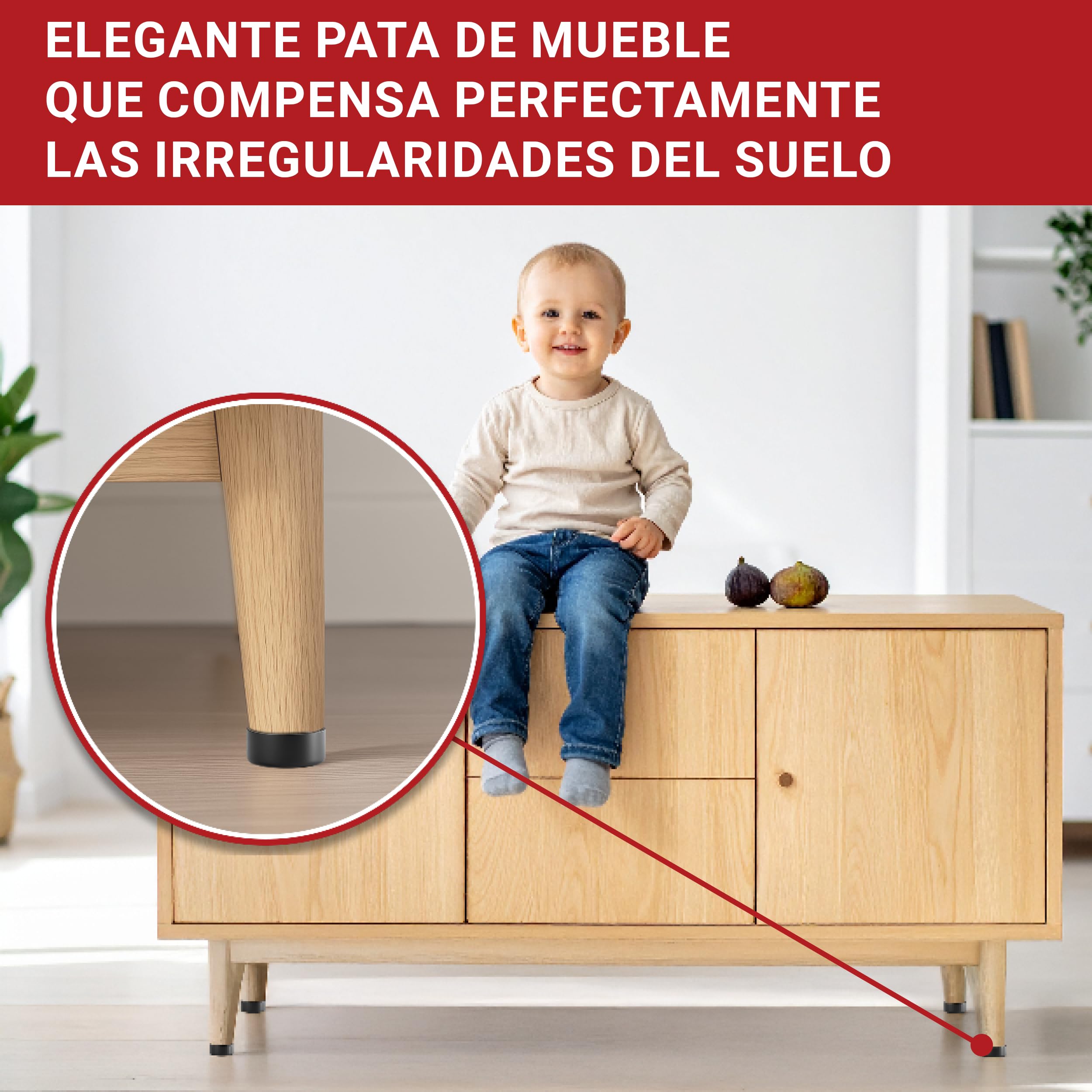 LouMaxx Patas para Muebles Adhesivos – Patas Ajustables Regulables en Altura 10mm – Elevador Mueble Ø 53,5mm Plástico – Set de 8 Patas Elevadoras Negro Incl. Material de Montaje