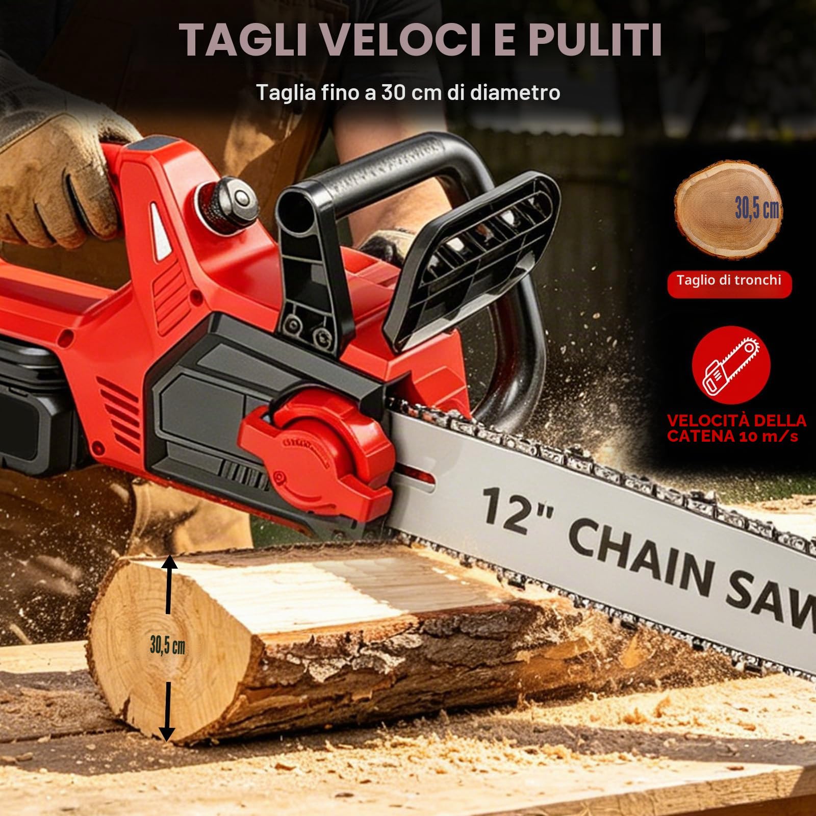 Motosega a Batteria 12 Pollici, 1200W Motosega Elettrica con 2x4000mAh Batterie, Motore Brushless, Elettrosega da Potatura con Lubrificazione Automatica per Taglio Legna e Giardino