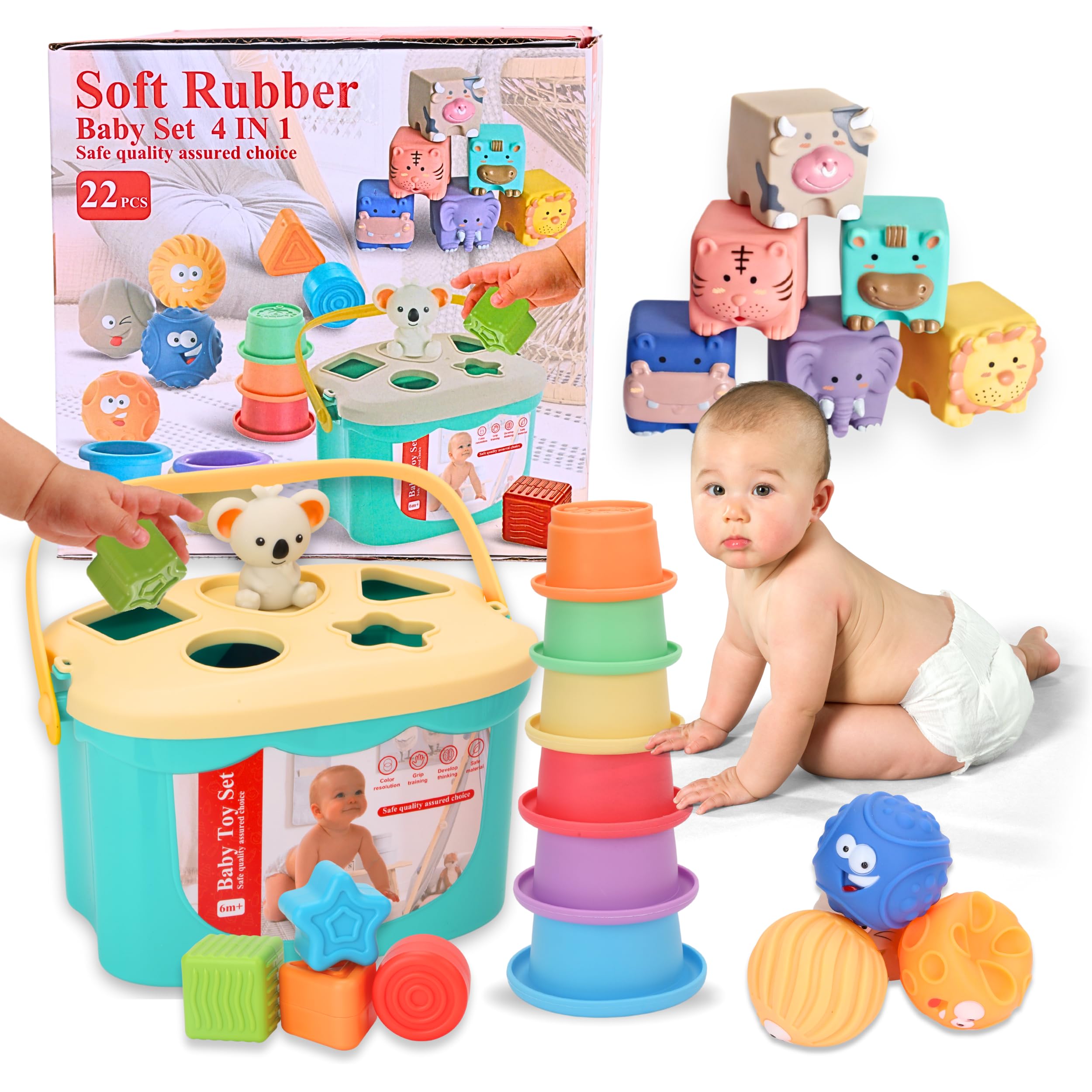 Babybaipro - Set de Juguetes Montessori Bebé 4 en 1-22 Piezas Sensoriales Educativas - Bloques Blandos, Clasificador de Formas, Torre Apilable - Regalo Bebé 6-12 Meses, 1 Año