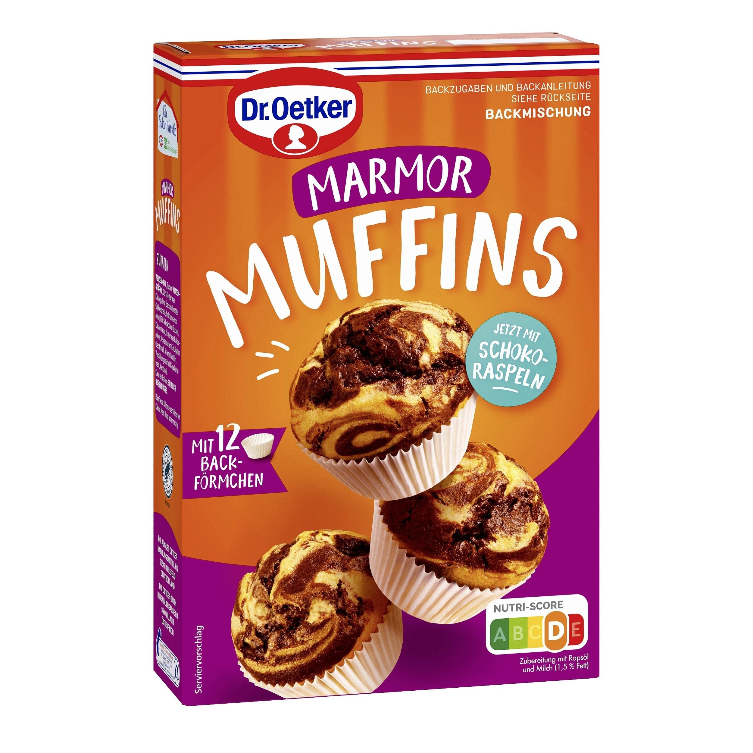 Dr. Oetker Marmor-Muffins, 8 x 320 g, Backmischung für hellen & dunklen Rührteig, zum Zubereiten von 12 individuell marmorierten Muffins, inkl. Papierbackförmchen
