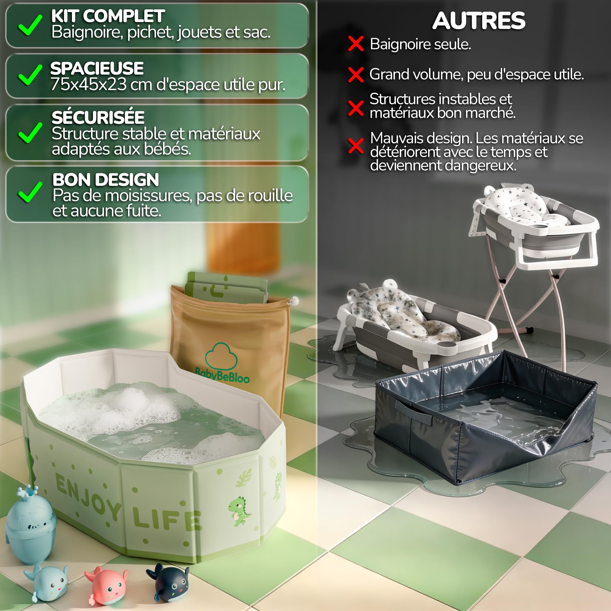 Kit baignoire pliable enfant avec accessoires antidérapante portable xxl