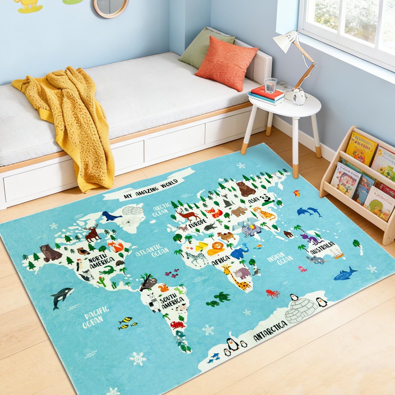 Lacomfy Animal Kids Rug 3x5Ft World Map Play Carpet Mat for Boys Girls Bedroom Nursery Playroom Classroom, Soft Washable Non-Skid Continent