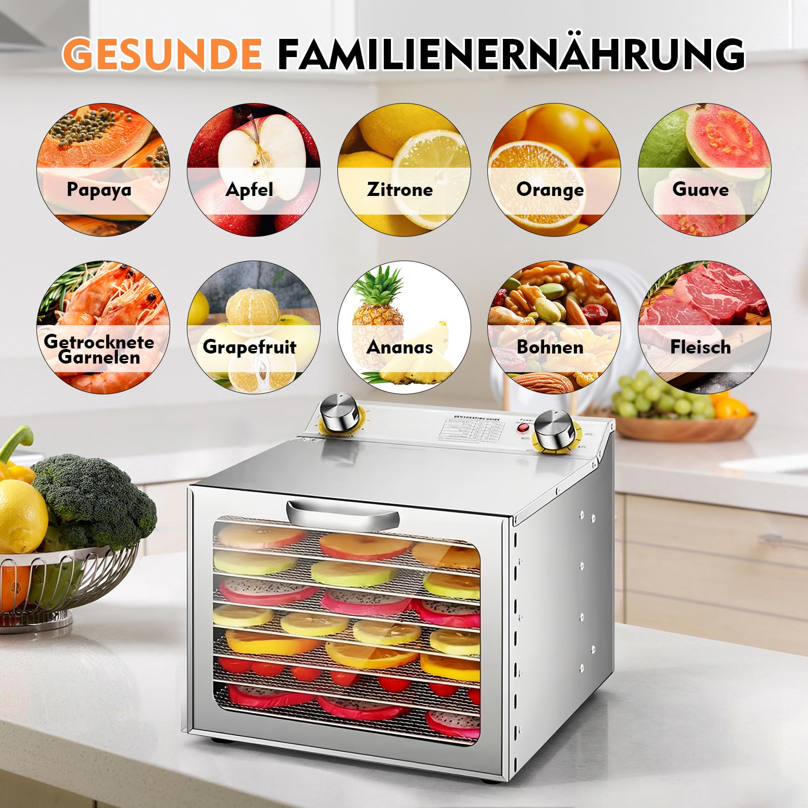 Deshidratador de Alimentos,Deshidratadora de Frutas,Inox Deshidratadora,8 Bandejas De Acero Inoxidable,Control de Temperatura 35-90°C,Con Temporizador,para Frutas, Carnes, Verduras