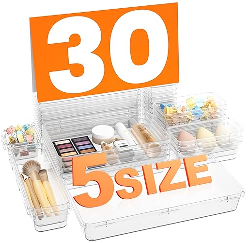 A-LuGei 【Military Grade】 Drawer Organizer, 【𝟱𝗦𝗶𝘇𝗲】 Clear Makeup organizer, 【Holds 177 Items】 Bathroom Organizers and Storage, Plastic Desk Organizer Divider, Organizer Bins for Office Vanity - 30pcs Clear